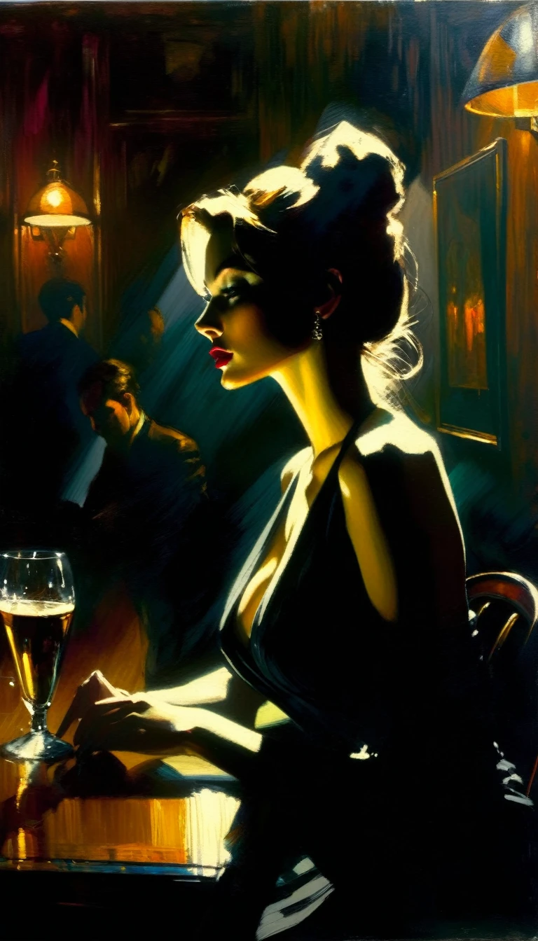 elegant and sexy girl in a pub between shadows, oil painting, chiaroscuro, sensual, dramatic lighting, moody atmosphere, dark and brooding, expressionistic, powerful composition, emotional impact, Bill Sienkiewicz inspired art