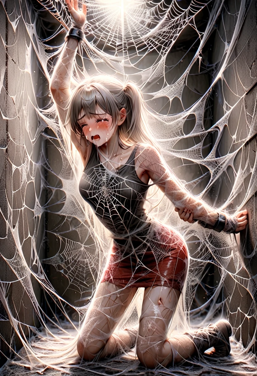 (best quality), (masterpiece), very aesthetic, absurdres, high res, all detailed, realistic, 1girl, (two side up), long hair, silver hair, (red pencil Dress, one side shoulders armor with Cape, red pencil miniskirt, Gauntlet:1.2), boots, medium cleavage, [black thigh-highs], [white panties], (injury skin, scar skin, bleeding skin, torn clothes:1.1), Broken Armor, BREAK (spiderweb, cobweb restrained, spider web covering the room, tangled strands of the web:1.21), kneeling, armpits, (closed eyes), cry, tears, sigh, blush, sweat, (ais-webz, prison), cinematic lighting, diffraction spikes,