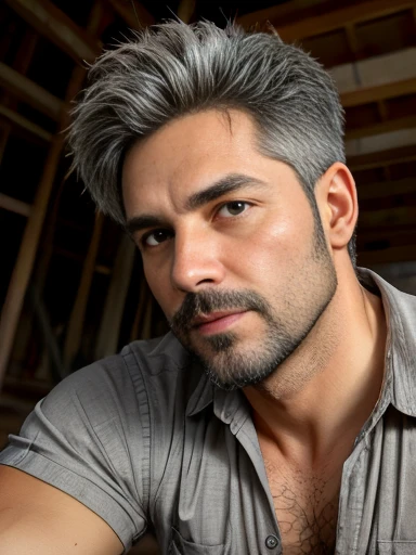 masterpiece, best quality, high resolution, closeup portrait, male focus, solo full body focus, A man, 40 years old, with construction worker uniform, unbuttoned work clothes, construction worker, silver grey hair, messy hairstyle, hairy armpit, cute and seductive face, bare chest, body hair, facial hair, roman nose, very skinny body, hairy legs, dimples, beard, bold jawline , in the background a construction site, HDR, realistic, full body view in photo, front view,