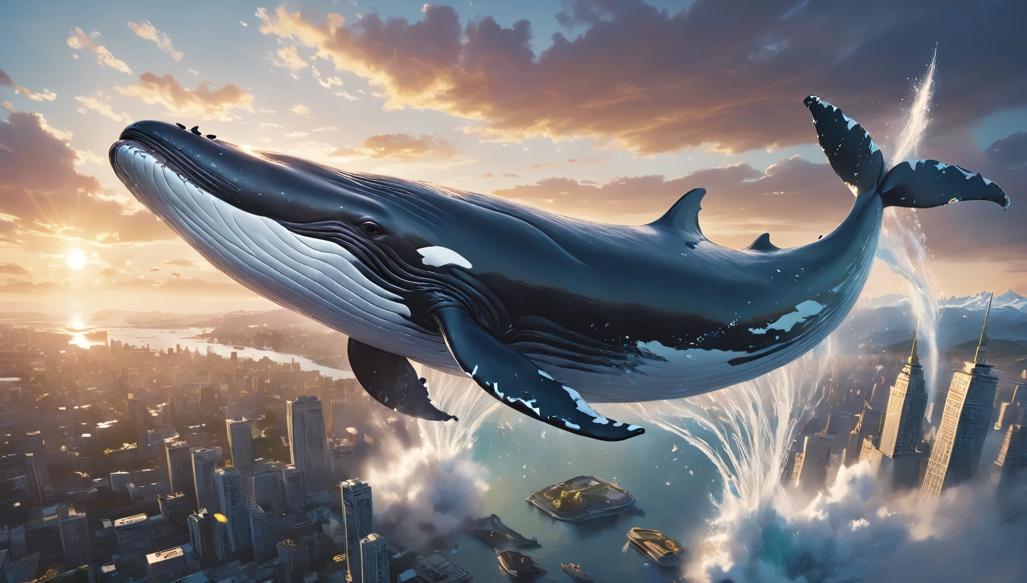 A large whale flying gracefully through the sky、Cinematic and dramatic lighting、Exquisitely drawn features、Complex feathery, wing-like appendages、The shining, mystical energy emanating from the whale、Dramatic cloudy skies、Golden Hour Lighting、The cityscape spreading out below, Cinematic depth of field、high altitude flight, Vibrant colors、Very sophisticated、(Highest quality、4K、8k、High resolution、masterpiece:1.2)、Ultra-compact、(Real、Photorealistic、Photorealistic:1.37)