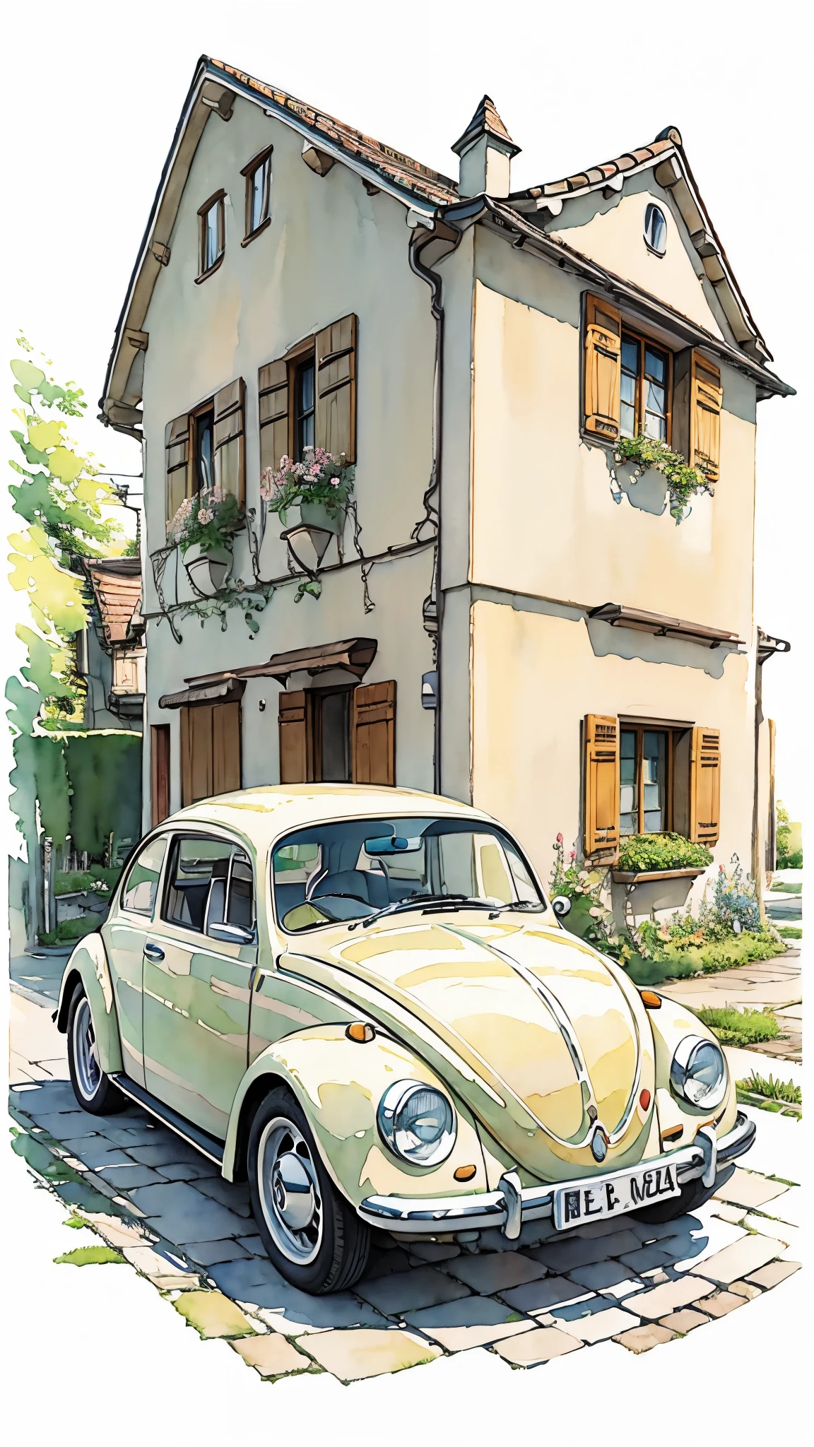 (masterpiece:1.2, Highest quality),(Very detailed),(watercolor),8k,wallpaper,Cream colored Volkswagen Beetle,Germany,(((Ghibli style)))