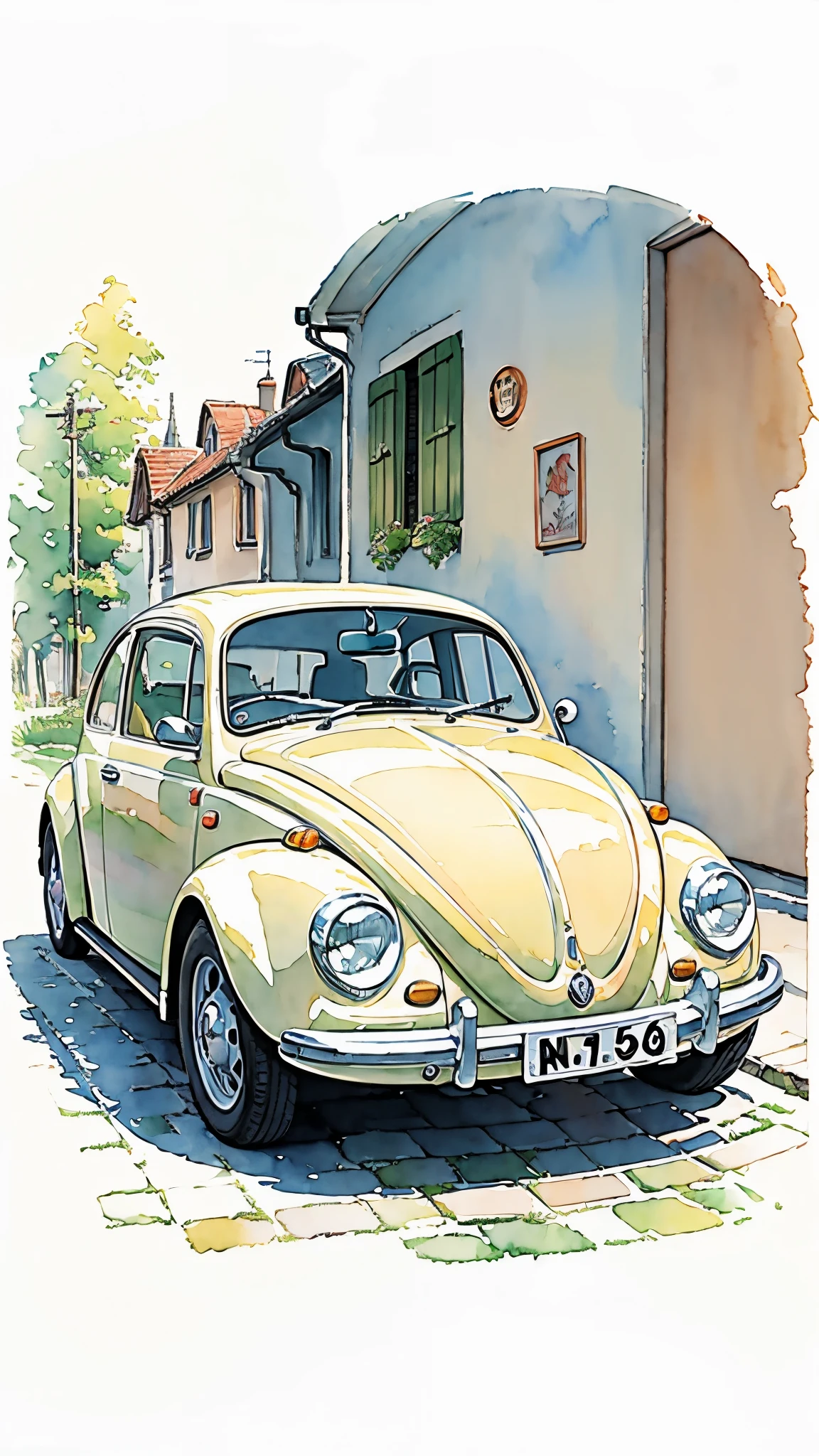 (masterpiece:1.2, Highest quality),(Very detailed),(watercolor),8k,wallpaper,Cream colored Volkswagen Beetle,Germany,(((Ghibli style)))