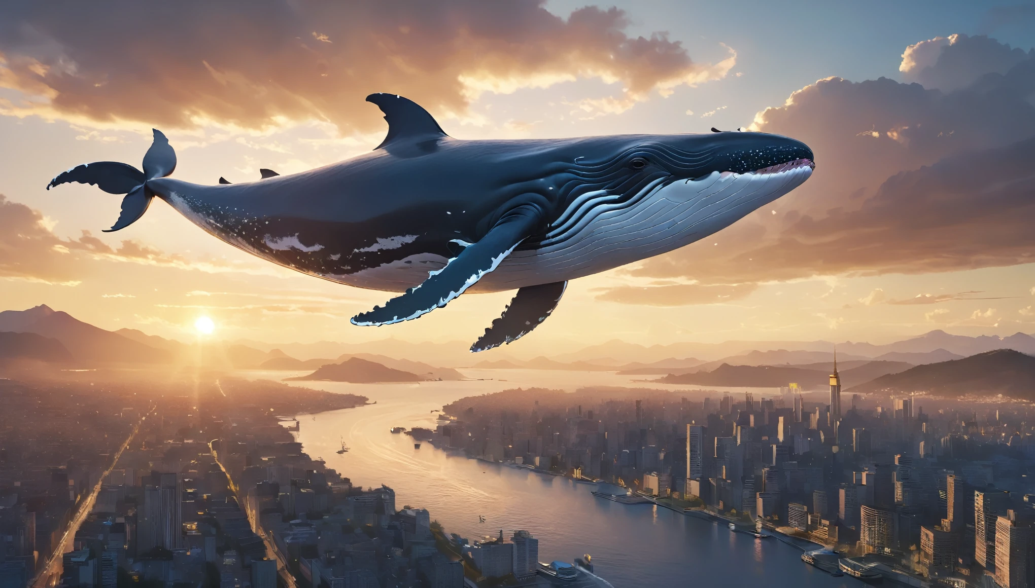 A large whale flying gracefully through the sky、Cinematic and dramatic lighting、Exquisitely drawn features、Complex feathery, wing-like appendages、The shining, mystical energy emanating from the whale、Dramatic cloudy skies、Golden Hour Lighting、The cityscape spreading out below, Cinematic depth of field、high altitude flight, Vibrant colors、Very sophisticated、(Highest quality、4K、8k、High resolution、masterpiece:1.2)、Ultra-compact、(Real、Photorealistic、Photorealistic:1.37)