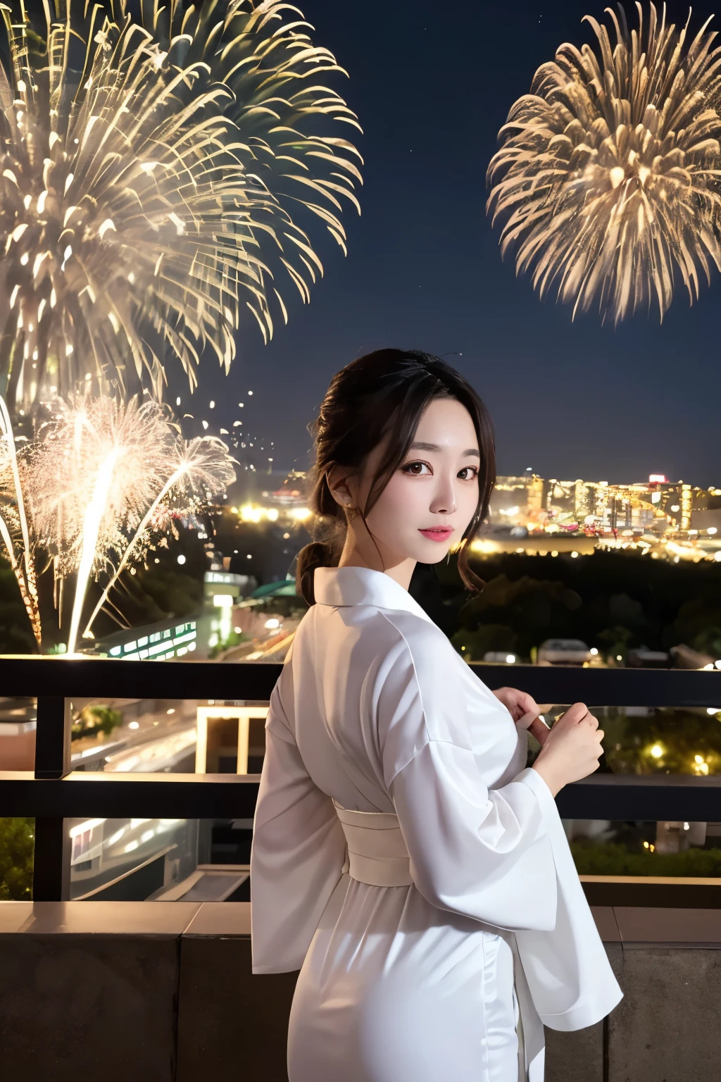 ((Highest quality)), ((masterpiece)), (detailed), One girl, yukata、Night view、Luxurious obi 、Glamour、White costume、Fireworks background、Nape、up