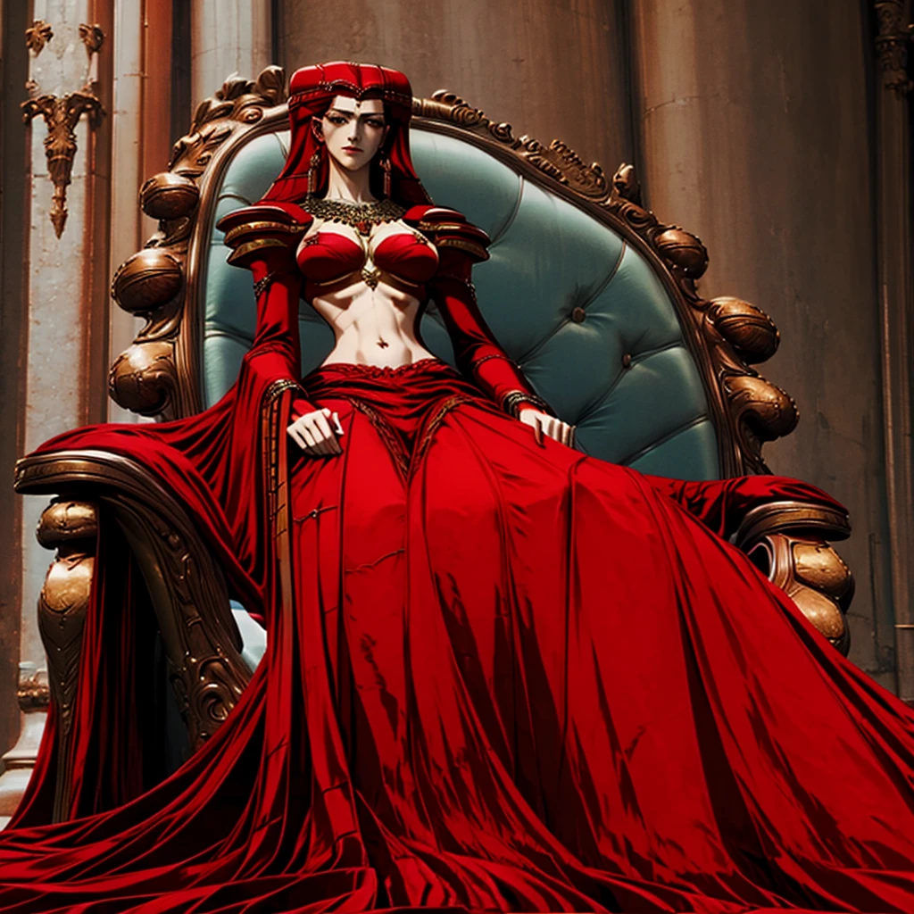 On her throne, red dress, stomach and navel,long red hair,circlet,necklace,beautiful face, breasts