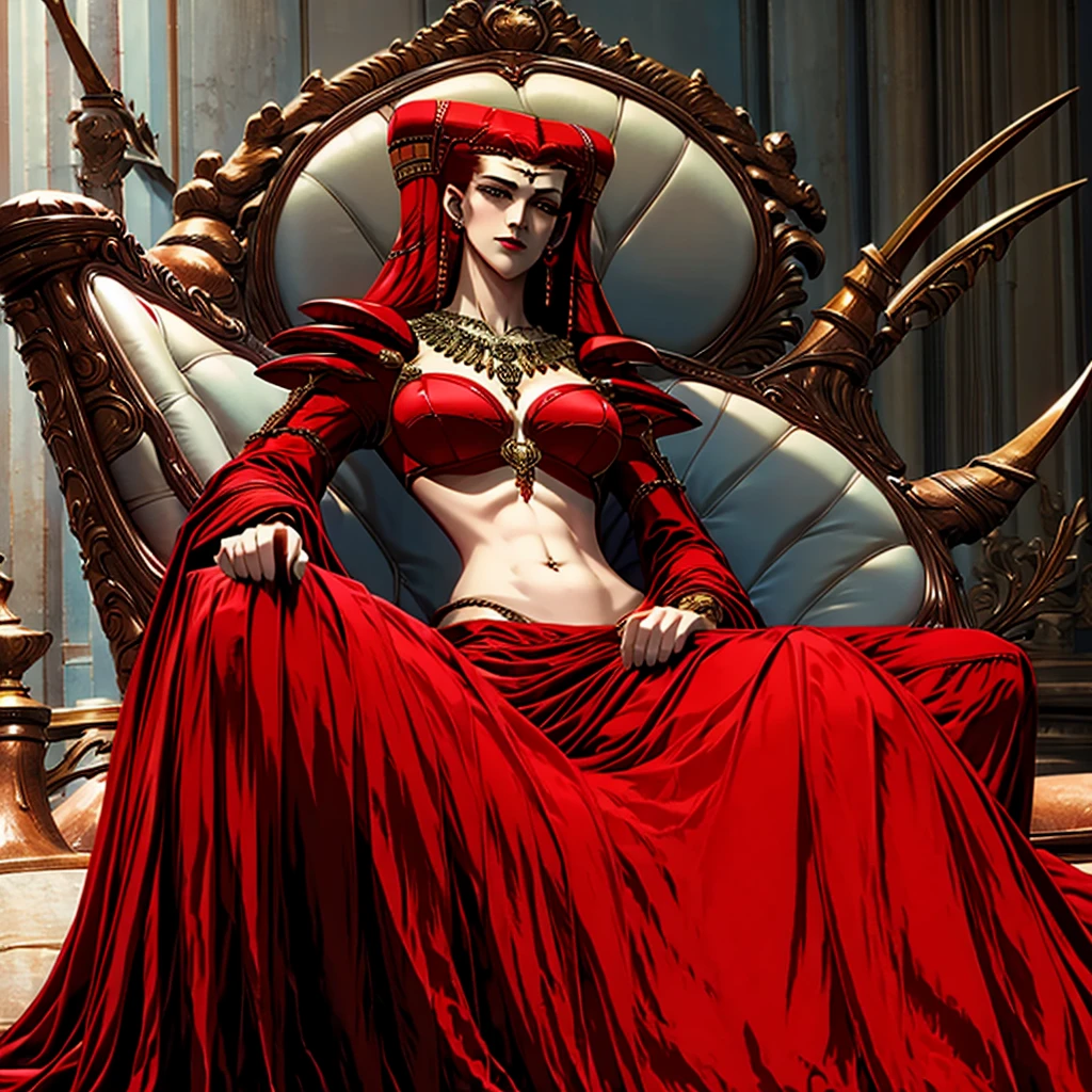 On her throne, red dress, stomach and navel,long red hair,circlet,necklace,beautiful face, breasts