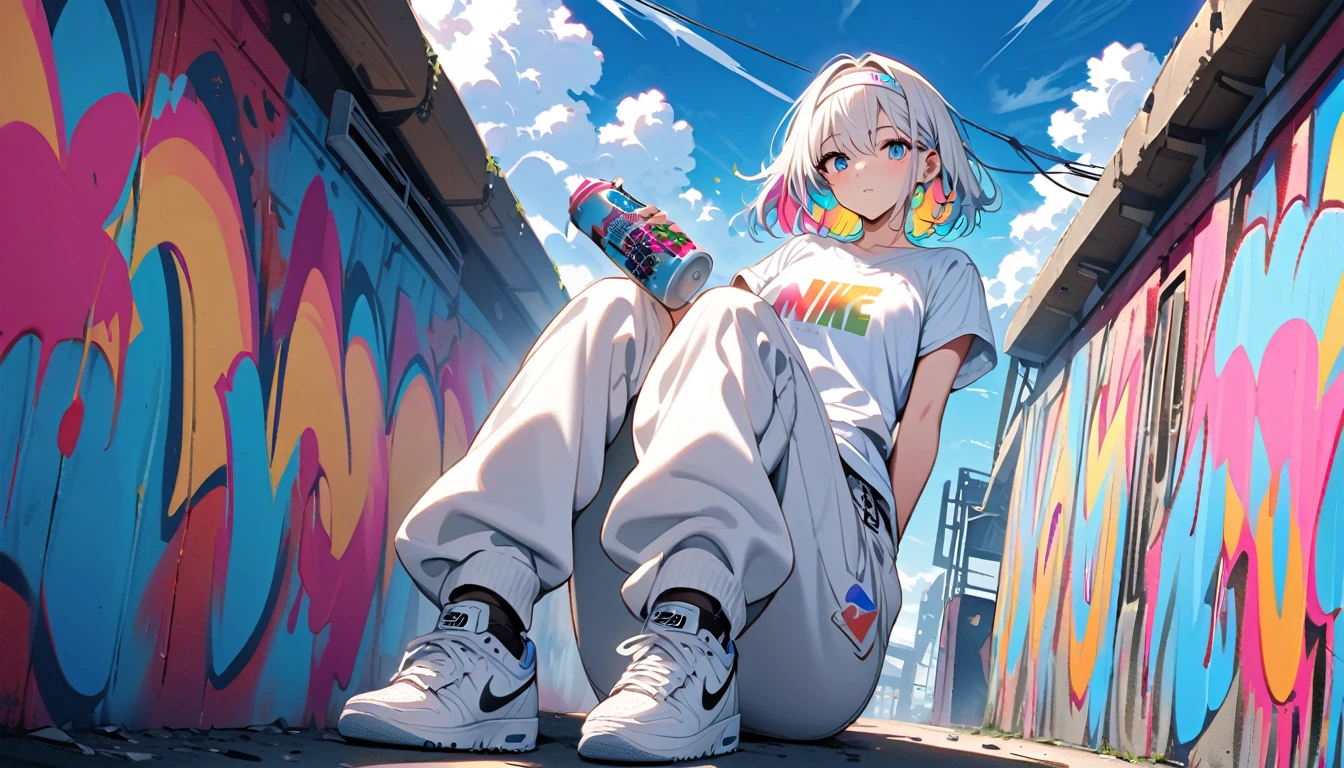 HD 8K Handsome sexy-cute, Solitary, 1 female, Medium Length Hair, white hair, Rainbow hair, blue Eyes, Rainbow headphone, White Big t-shirt, White cargo pants, White hairband sneakers logo to NIKE, Human focus, outdoor, blue sky, White clouds, graffiti spray art wall,