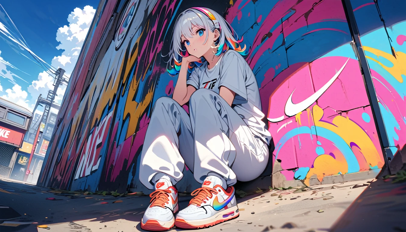 HD 8K Handsome sexy-cute, Solitary, 1 female, Medium Length Hair, white hair, Rainbow hair, blue Eyes, Rainbow headphone, White Big t-shirt, White cargo pants, White hairband sneakers logo to NIKE, Human focus, outdoor, blue sky, White clouds, graffiti spray art wall,