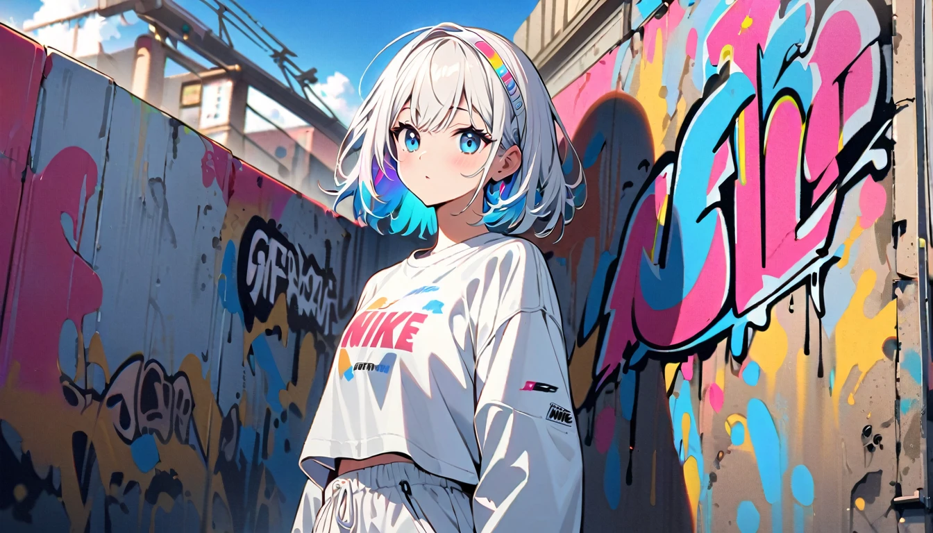 HD 8K Handsome sexy-cute, Solitary, 1 female, Medium Length Hair, white hair, Rainbow hair, blue Eyes, Rainbow headphone, White Big t-shirt, White cargo pants, White hairband sneakers logo to NIKE, Human focus, outdoor, blue sky, White clouds, graffiti spray art wall,