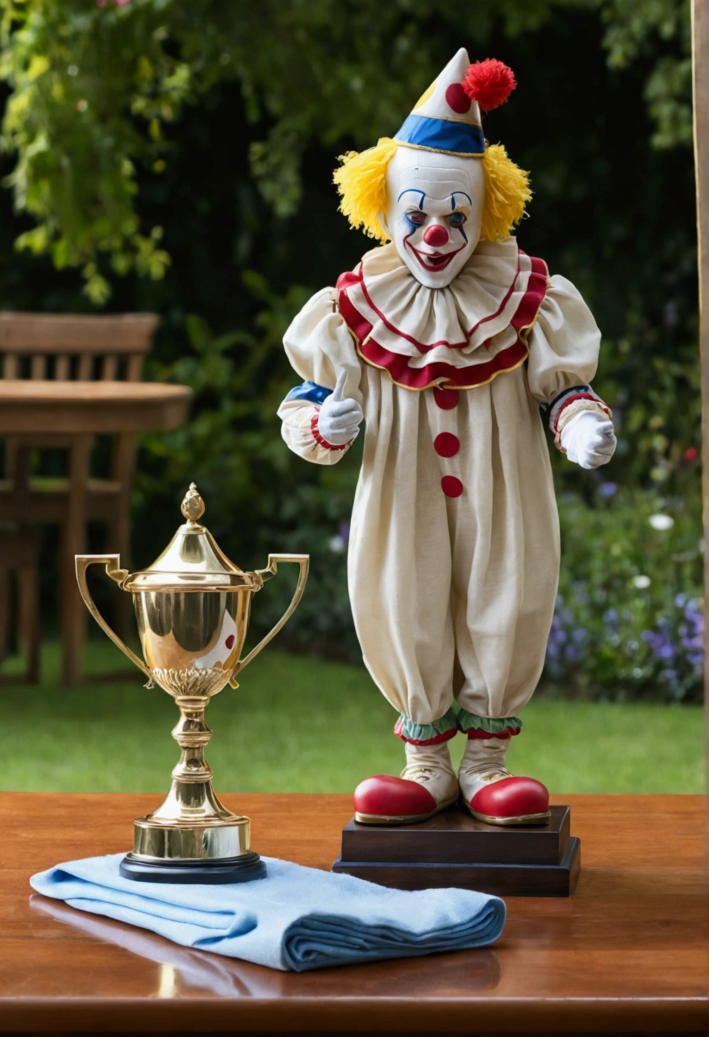 trophy passes cloth, passing a cloth, a cloth over the trophy, on top of a wooden table and in the background there is a garden, a clown mopping a trophy