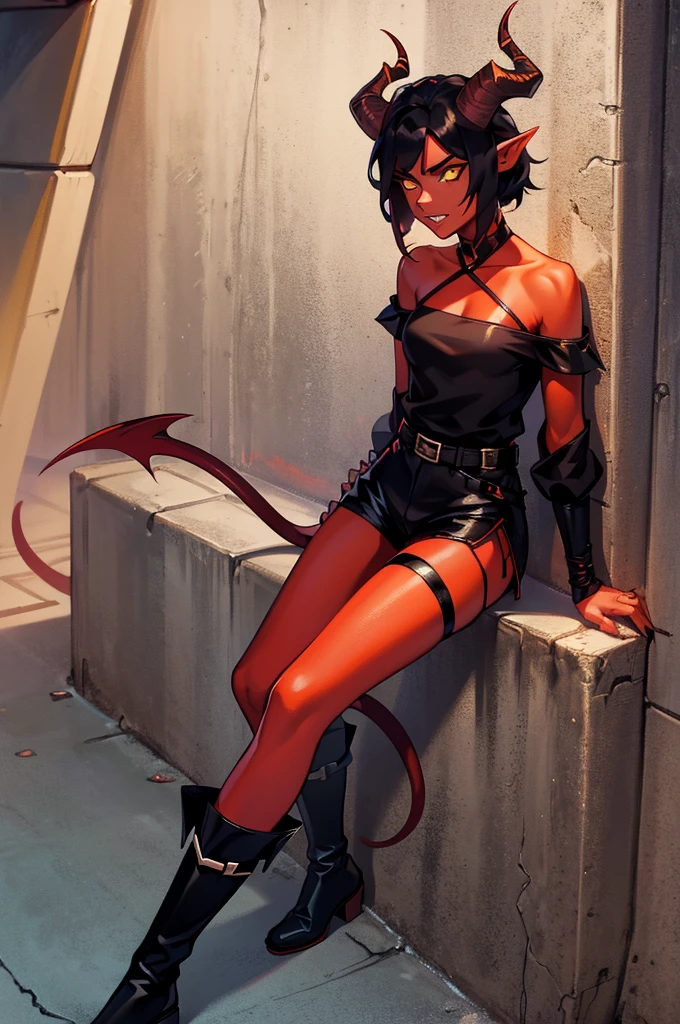 1 girl, tiflin, Redskin, yellow eyes, black sclera, pointy ears, red horns, short shoulder length wavy black hair, Sharp teeth, black sleeveless shirt, black shorts, black off shoulder sleeves, dishonest clothing, demon tail, black boots, dagger in hand, leaning on a wall, looks 25 years old