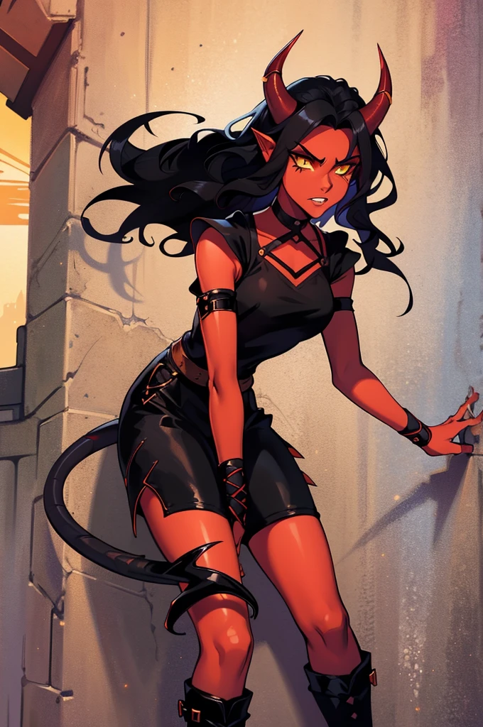 1 girl, tiflin, Redskin, yellow eyes, black sclera, pointy ears, red horns, short shoulder length wavy black hair, Sharp teeth, black sleeveless shirt, black shorts, black off shoulder sleeves, dishonest clothing, demon tail, black boots, dagger in hand, leaning on a wall, looks 25 years old