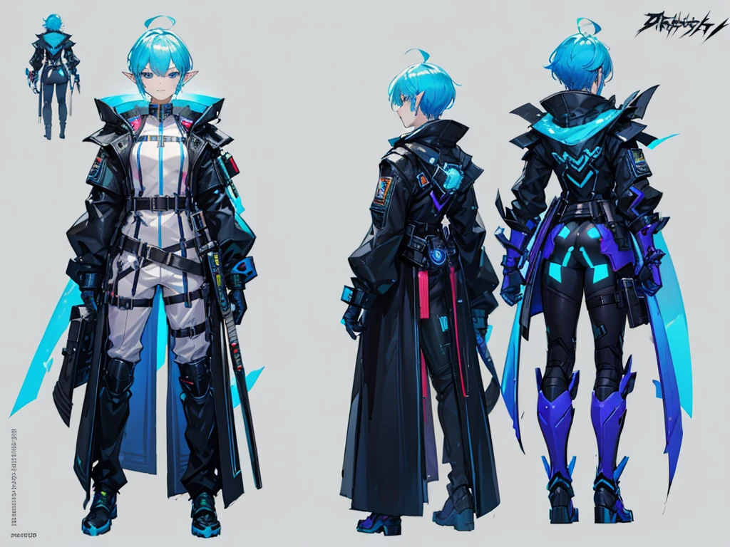 Close-up of a male elf in a cyberpunk suit, biracial, short hair with chaved sides, ((character concept art)), ((character design sheet, same character, front, side, back)) maple story character art, video game character design, video game character design, maple story elf, expert high detail concept art, concept art, gravity rush inspiration, sticky tar. Concept art, belt buckle at waist, cyberpunk sword