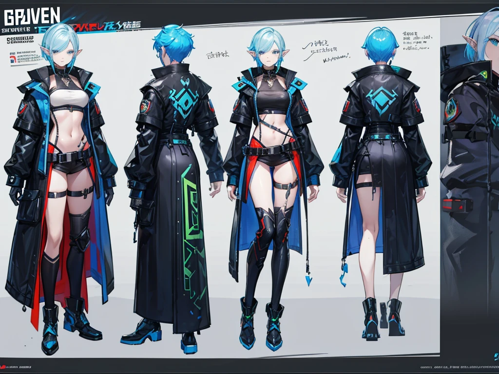 Close-up of a male elf in a cyberpunk suit, biracial, short hair with chaved sides, ((character concept art)), ((character design sheet, same character, front, side, back)) maple story character art, video game character design, video game character design, maple story elf, expert high detail concept art, concept art, gravity rush inspiration, sticky tar. Concept art, belt buckle at waist, cyberpunk sword