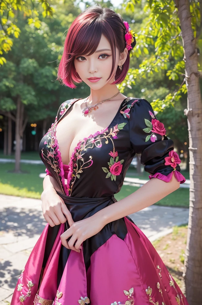 (masterpiece:1.4), (best quality:1.4), ultra high res, ultra high resolution, ((detailed facial features)), HDR, (realistic, photorealistic, photo-realistic:1.37), full body Esbian, sexy Vietnamese model, (-anime), vivid colors, ((vivid colors multicolor (red, pink, fuchsia) very short hair)), (happy smile), lip-gloss, long lashes, ultra detailed metallic makeup, defined eyebrows, wearing large sparkling colorful jewelery, wearing a red silk Paradise Kiss cosplay dress with black floral embroidery, ((vivid colors outfit)), vivid colors, look at the camera, cinematic light, large park background with trees, sweet and sexy pose