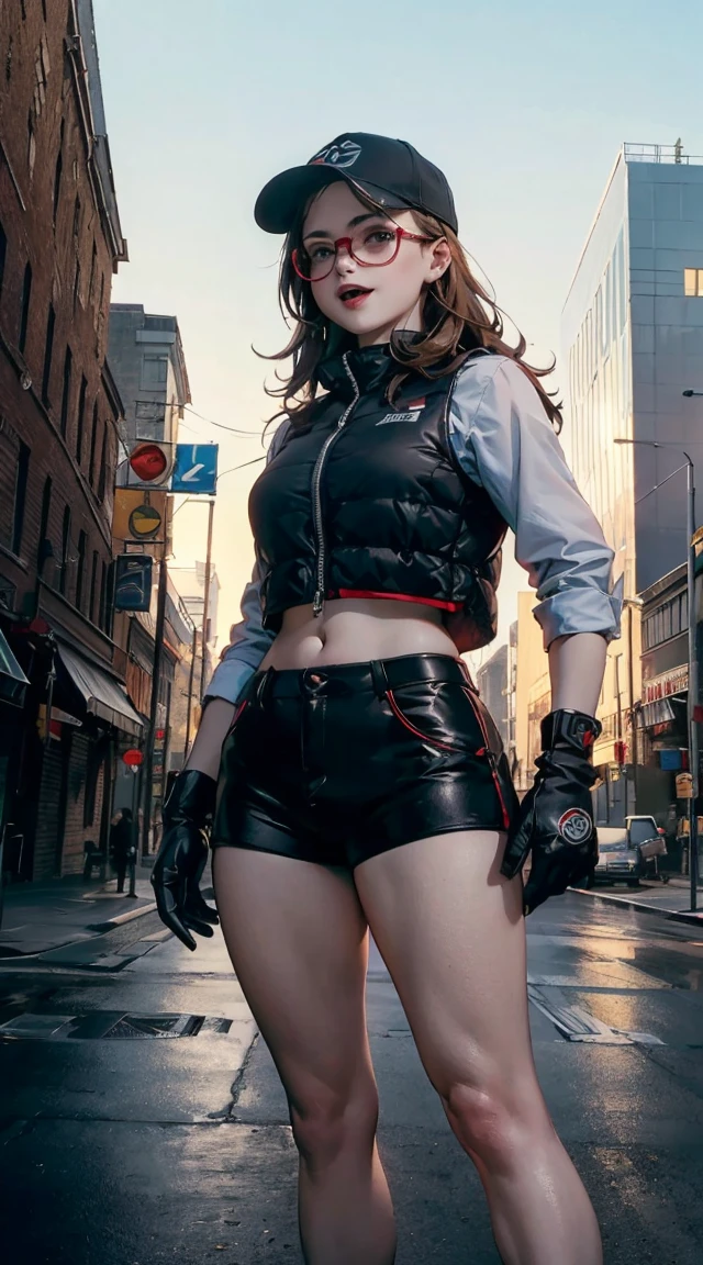 (FioGermiWaifu:1), 1girl, curvy, (shorts, crop top, gloves, round eyewear, vest, baseball cap), looking at viewer, cute pose, smile, desert background, :D, (masterpiece:1.2), (best quality, highest quality), (ultra detailed), (8k, 4k, intricate),(full-body-shot:1),(Cowboy-shot:1.2), (50mm), (highly detailed:1.2),(detailed face:1.2), detailed_eyes,(gradients),(ambient light:1.3),(cinematic composition:1.3),(HDR:1),Accent Lighting,extremely detailed CG unity 8k wallpaper,original, highres,(perfect_???????:1.2), solo, wide shot, nsfw, (detailed ladscape, city, street:1.2),(detailed background),(dynamic_angle:1.2), (dynamic_pose:1.2), (rule of third_composition:1.3), (dynamic_perspective:1.2), (dynamic_Line_of_action:1.2), inteiramente, ( pequeno, cabelos pretos, black franja reta, super thin braids, franja reta, Red glasses, olho verde escuro, science fiction, Fighter aircraft, standing On the landing of a Fighter aircraft, the agency, uma personalidade profundamente inteligente, A calm expression, um rosto respeitoso, uma guerra, a Fighter aircraft BIGHIP BIGASS FUCKOFF FUCKFUCKFUCK