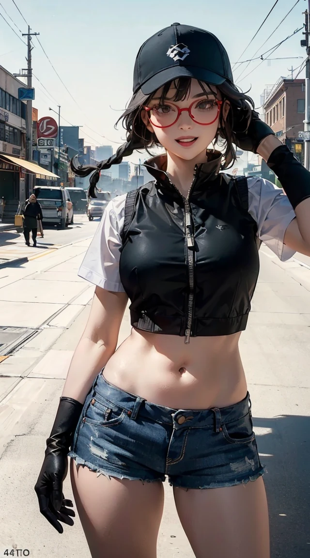 (FioGermiWaifu:1), 1girl, curvy, (shorts, crop top, gloves, round eyewear, vest, baseball cap), looking at viewer, cute pose, smile, desert background, :D, (masterpiece:1.2), (best quality, highest quality), (ultra detailed), (8k, 4k, intricate),(full-body-shot:1),(Cowboy-shot:1.2), (50mm), (highly detailed:1.2),(detailed face:1.2), detailed_eyes,(gradients),(ambient light:1.3),(cinematic composition:1.3),(HDR:1),Accent Lighting,extremely detailed CG unity 8k wallpaper,original, highres,(perfect_anatomy:1.2), solo, wide shot, nsfw, (detailed ladscape, city, street:1.2),(detailed background),(dynamic_angle:1.2), (dynamic_pose:1.2), (rule of third_composition:1.3), (dynamic_perspective:1.2), (dynamic_Line_of_action:1.2), inteiramente, ( pequeno, cabelos pretos, black franja reta, super thin braids, franja reta, Red glasses, olho verde escuro, science fiction, Fighter aircraft, standing On the landing of a Fighter aircraft, the agency, uma personalidade profundamente inteligente, A calm expression, um rosto respeitoso, uma guerra, a Fighter aircraft BIGHIP BIGASS FUCKOFF FUCKFUCKFUCK