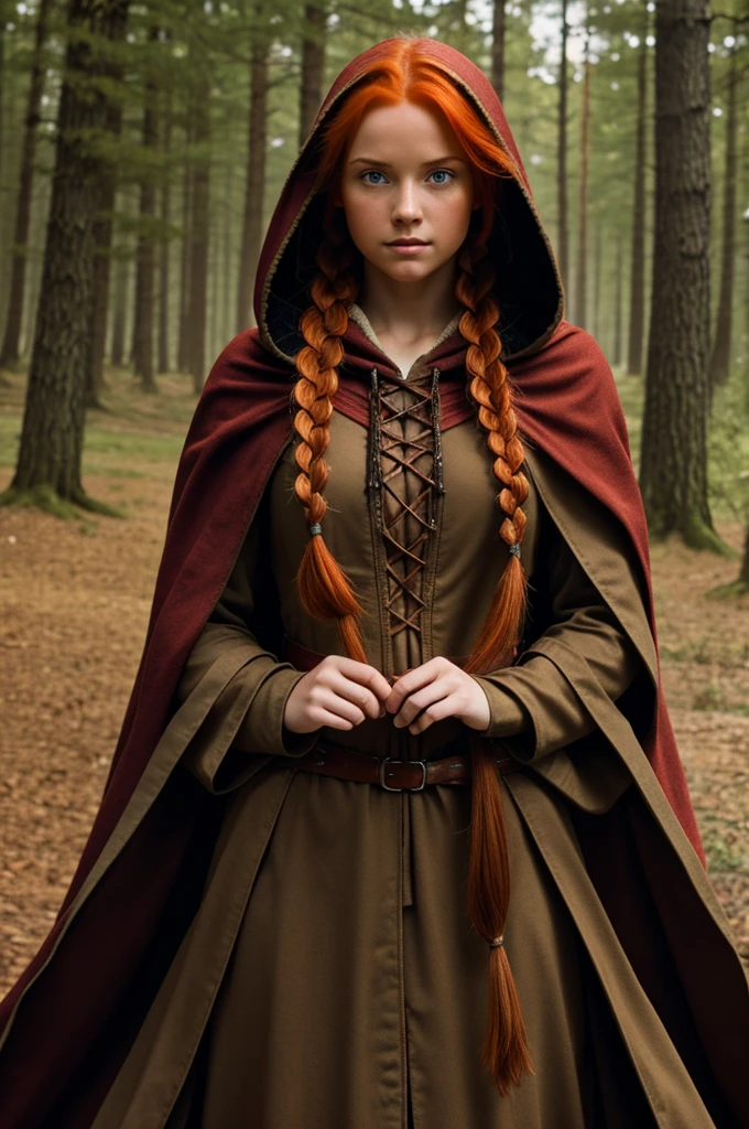 In a fantasy book, a girl with red hair in a single braid, honey-colored eyes, wearing a cloak and with the hood closed.