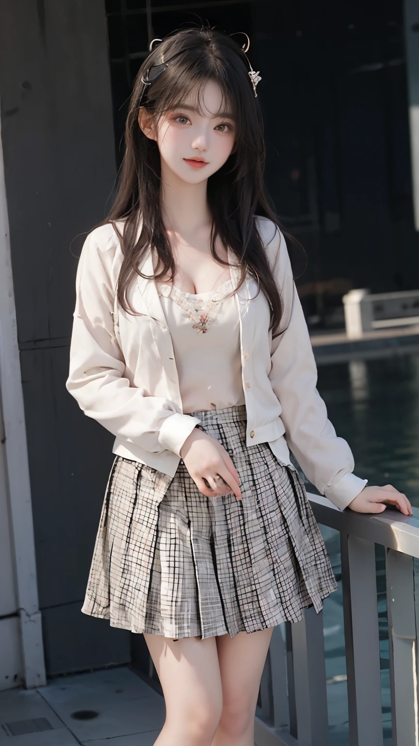 nogizaka_custom, ((knee shot)), ((Shoot at random angles)), ((Visible cleavage)), ((E-cup)), ((I-type Valley)), ((Warm colors)), Long-range shooting, A beautiful woman，Elegant posture，Standing，Slender figure。Her legs are slender and straight，Cross placement，Forming a perfect diagonal composition。Head gently sideways，Long blond hair falls naturally，Gently brushing her shoulders。Soft colors，In stark contrast to her fair skin。The edge of the skirt ripples gently，As if swaying in the breeze。Her eyes were gentle，There is a faint smile on the lips。The whole picture looks very harmonious and beautiful