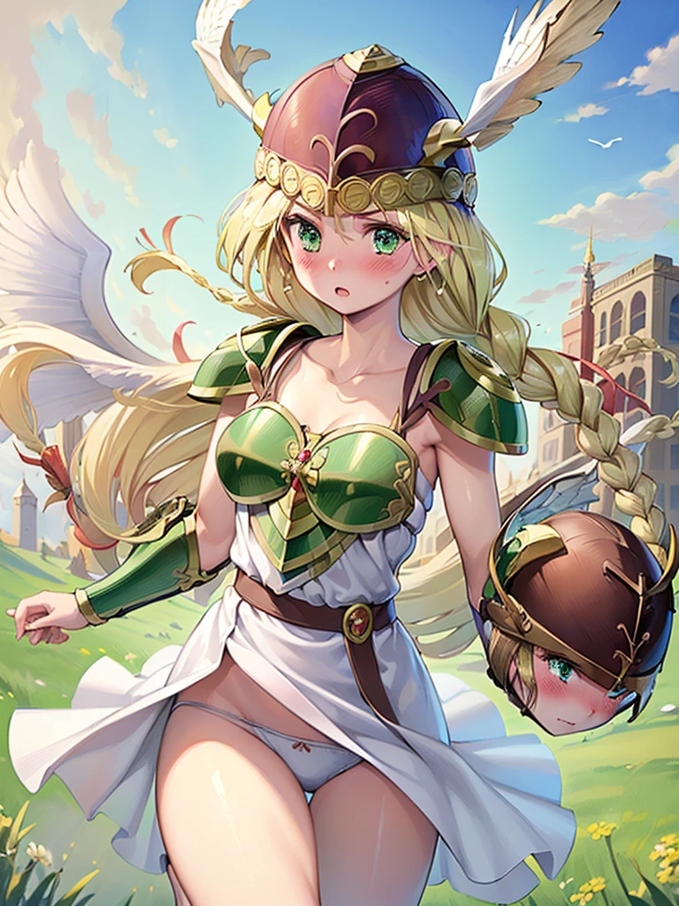 masterpiece,best quality,(1girl:1.5), 18yo, beautiful girl,BREAK,(Armor:1.8),(Helmet with wings:1.7),(Beautiful blonde,braid,Green Eyes:1.5),BREAK,(White Dress,white panties:1.4),BREAK,(blush:1.5), (blue sky:1.2),(Running on clouds:1.3),(move chart:1.3),(fly in the sky:1.5)