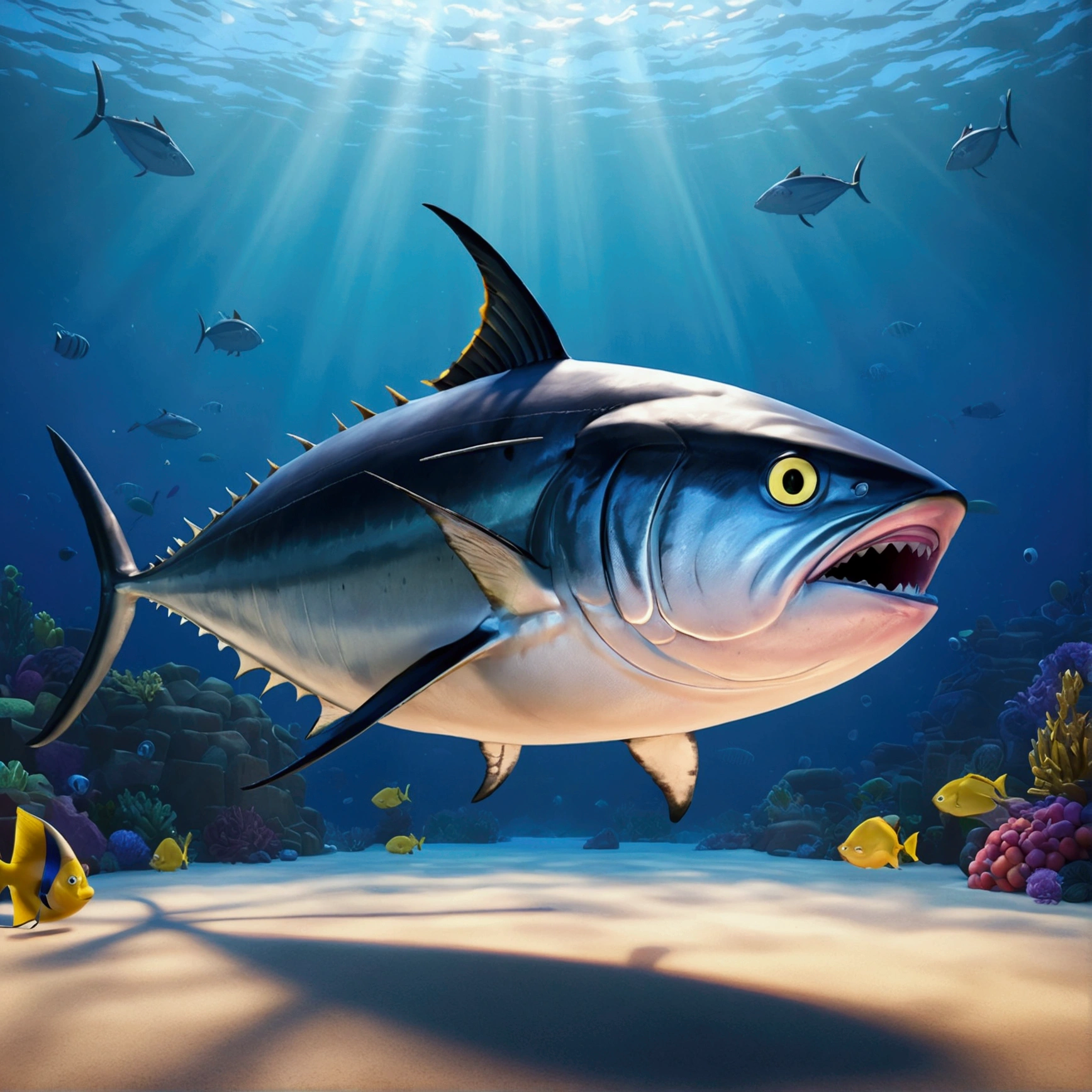Huge tuna, pixar cartoon style,masterpiece, best quality