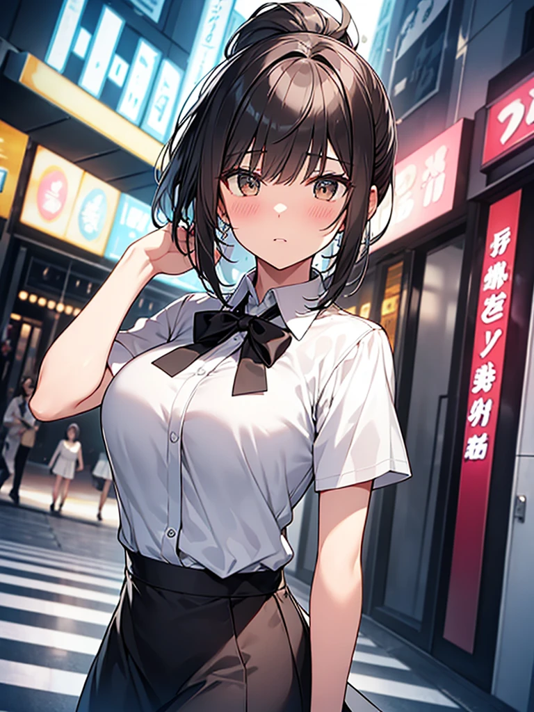 Night Park、high school girl、I'm surprised with my mouth open、Flustered expression、、Large Breasts、Black bob hair、hairpin、Skirt flipped up by the wind、I hastily hold down the back of my skirt、Thin string panties、Onlookers near the girl、Angle from directly below、Shooting from behind、Back view、Penis near the asan Next Door