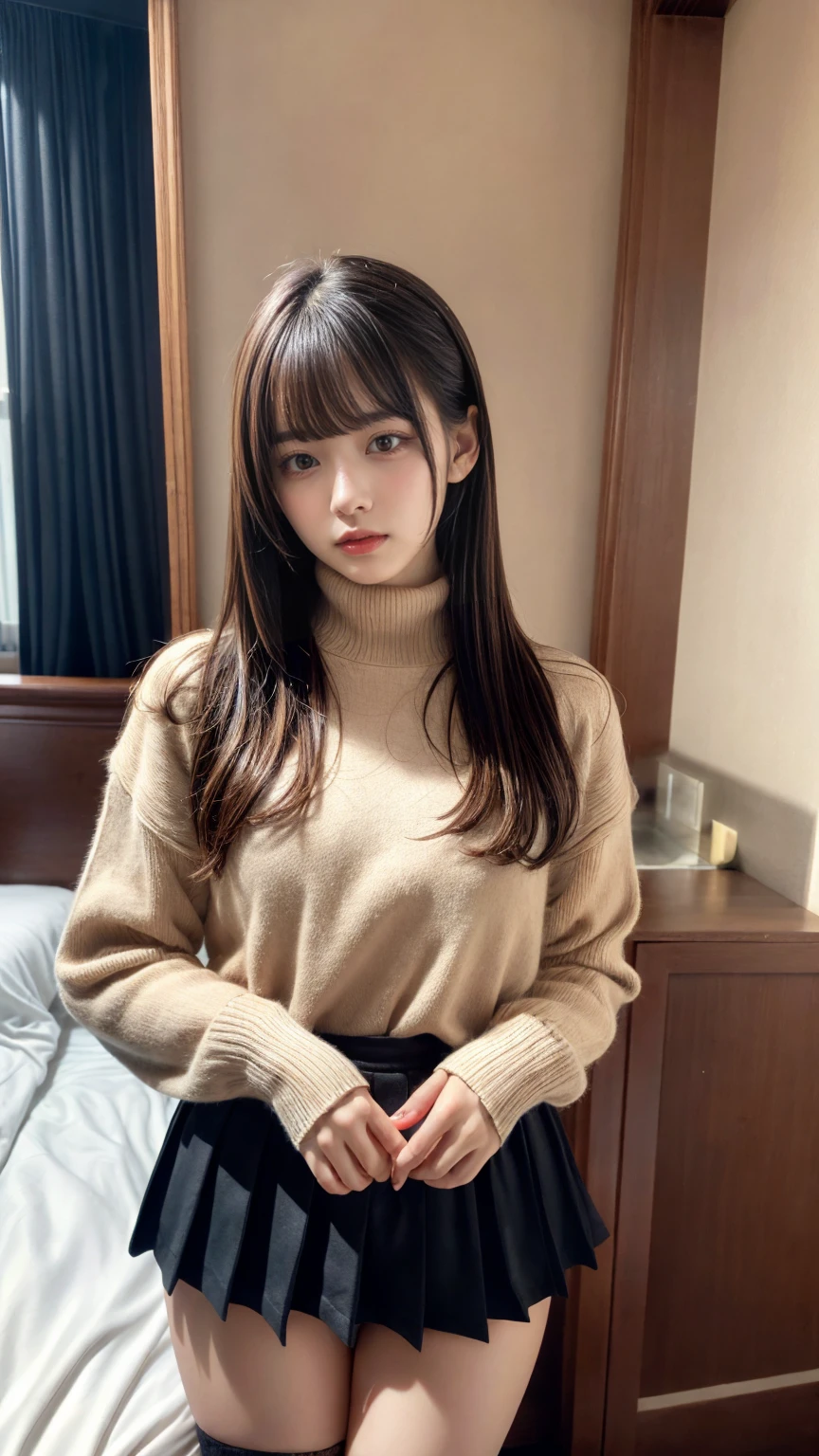 masterpiece, best quality, illustration, Super detailed, fine details, High resolution, 8K,wall paper, perfect dynamic composition,(Details High quality, realistic depiction of eyes:1.3), Oversized turtleneck light beige sweater, pleated skirt, straight hair, large breasts, black hair color, Big Natural Color Lip, (perfect body shape), crying a little、cold gaze, Harajuku style、20 year old girl、cute type、ta、beautiful legs, hotel room, Gravure Idol, Voluptuous thighs