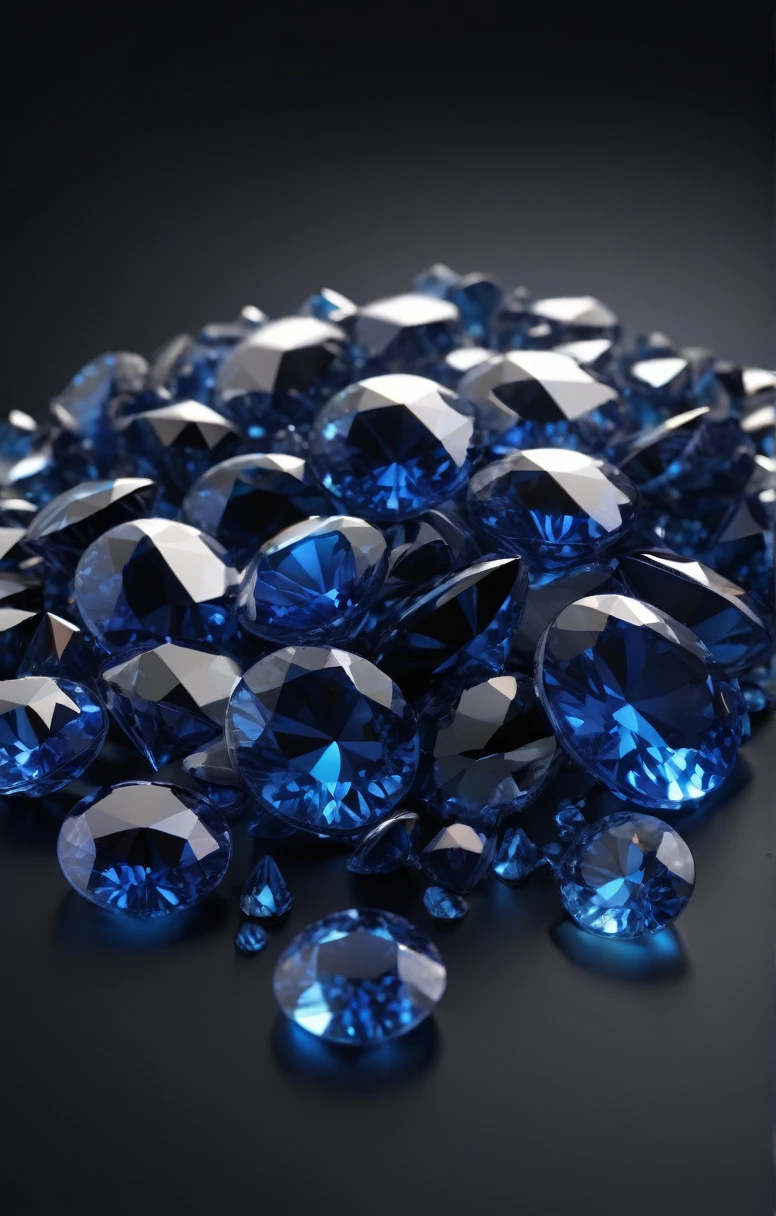 sapphires lie in a pile 3D icon on a black background, side view