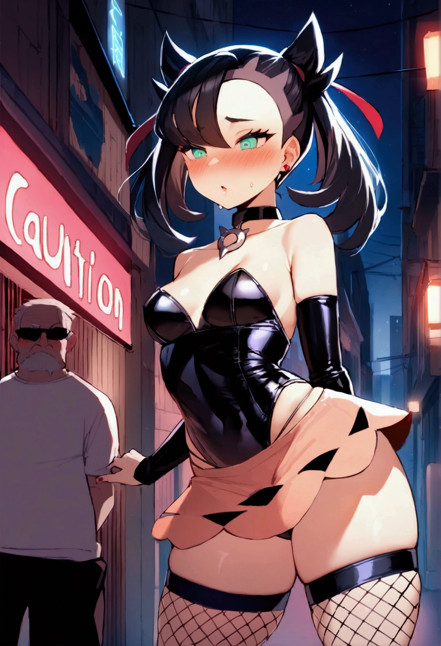 Browsing Caution,masterpiece,Highest quality,High resolution,Very detailed,Marnie_\(Pokemon\),Aqua Eye, Black choker, Red ribbon,Black leotard,Micro Mini Skirt,Removable sleeves,Fishnet tights,Small breasts,Be nervous,Embarrassing,blush,Downtown at night,alley,(Middle-aged men),prostitution