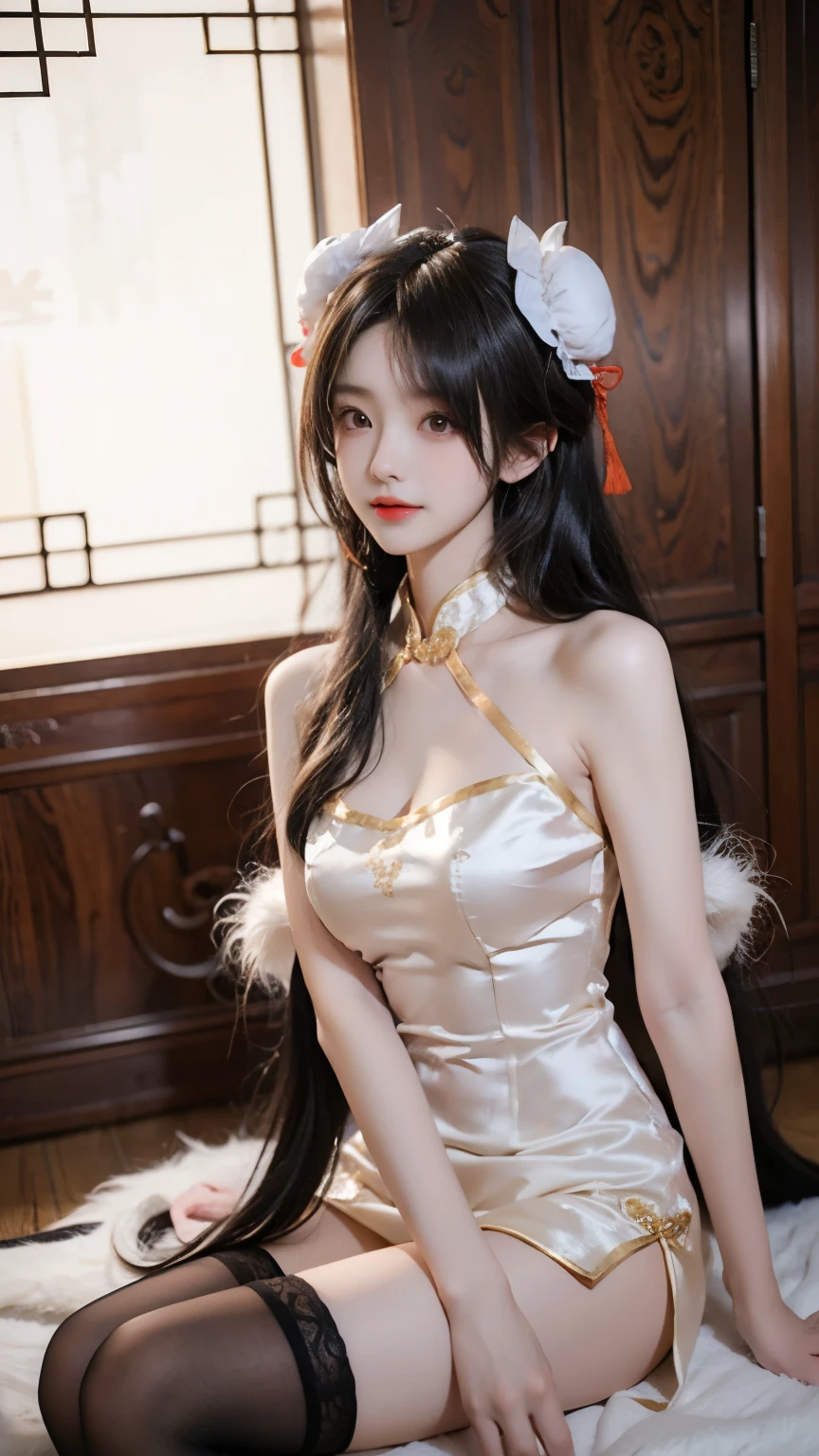 tokisaki kurumi, 1girl, 独奏,cosplay,
bare shoulders, chinese clothes, feather shawl, china dress, fur trim shawl, lace-trimmed thighhighs,
hair over one eye, long hair, double bun, hair bun, bun cover, ((knee shot)), ((Shoot at random angles)), ((Visible cleavage)), ((E-cup)), ((I-type Valley)), ((Warm colors)), Long-range shooting, A beautiful woman,Elegant posture,Standing,Slender figure。Her legs are slender and straight,Cross placement,Forming a perfect diagonal composition。Head gently sideways,Long blond hair falls naturally,Gently brushing her shoulders。Soft colors,In stark contrast to her fair skin。The edge of the skirt ripples gently,As if swaying in the breeze。Her eyes were gentle,There is a faint smile on the lips。The whole picture looks very harmonious and beautiful