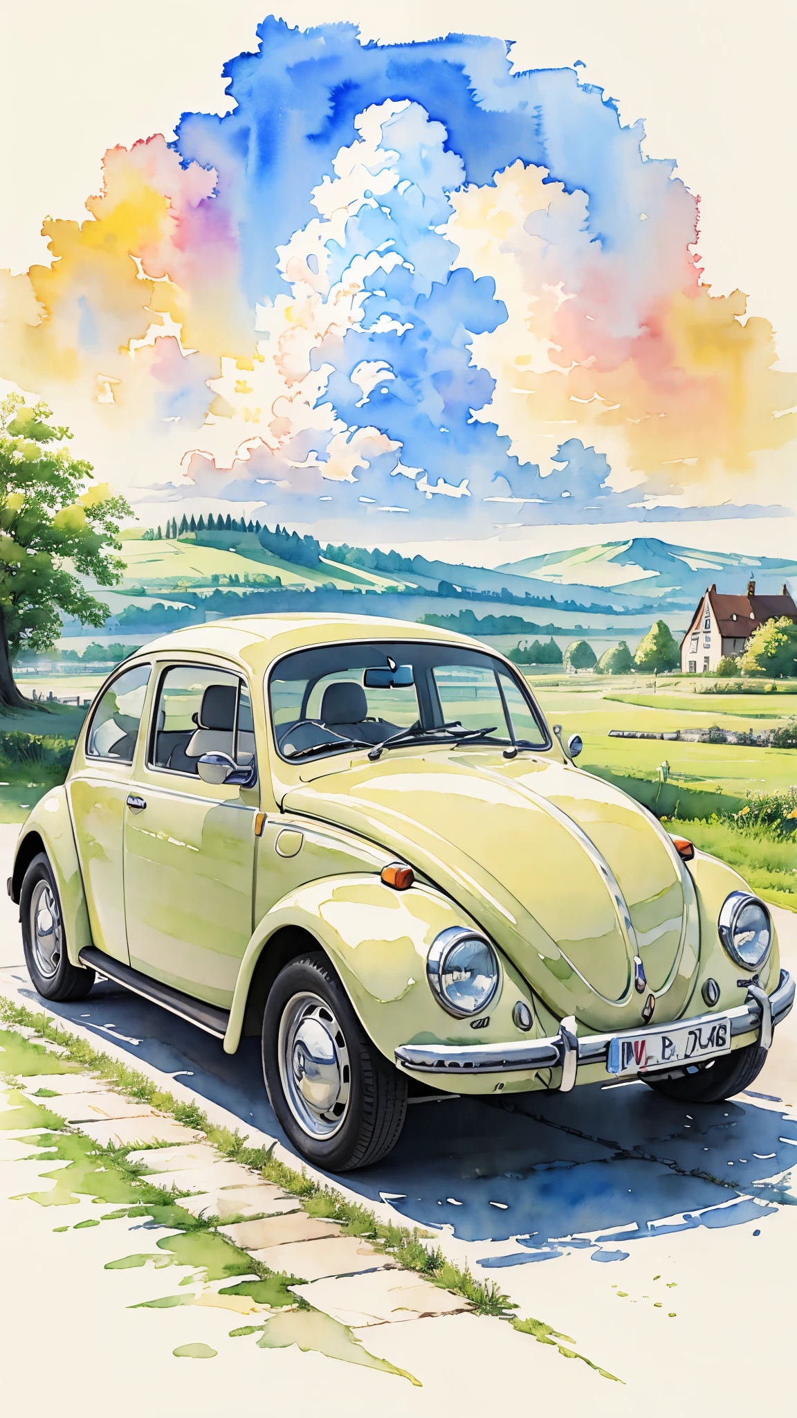 (masterpiece:1.2, Highest quality),(Very detailed),(watercolor),8k,wallpaper,Cream colored Volkswagen Beetle,German landscape