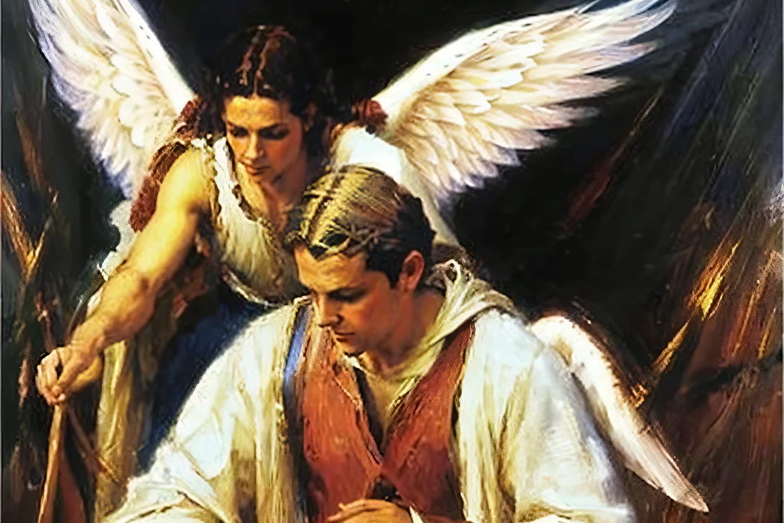 male angel with big whitee wings praying to god in heaven, high detail, oil painting style