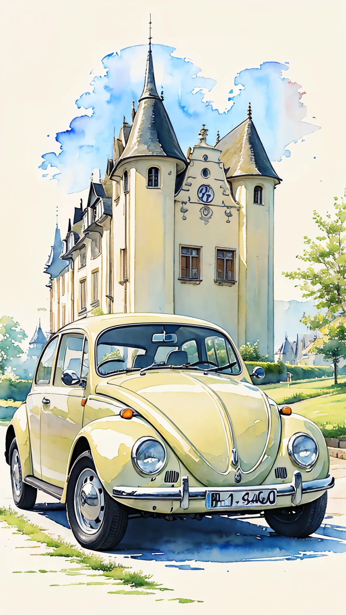 (masterpiece:1.2, Highest quality),(Very detailed),(watercolor),8k,wallpaper,Cream colored Volkswagen Beetle,German landscape