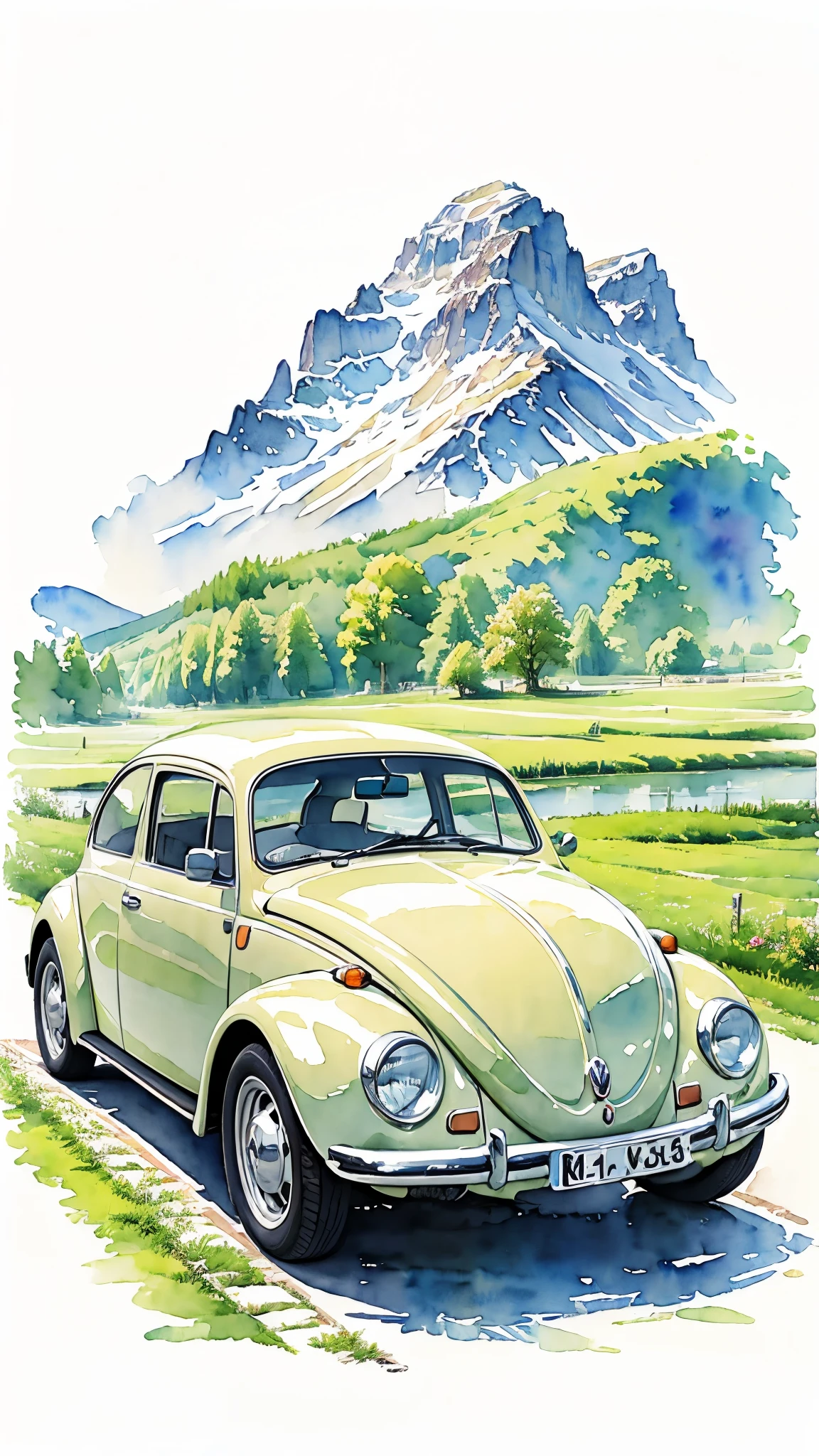 (masterpiece:1.2, Highest quality),(Very detailed),(watercolor),8k,wallpaper,Cream colored Volkswagen Beetle,German landscape