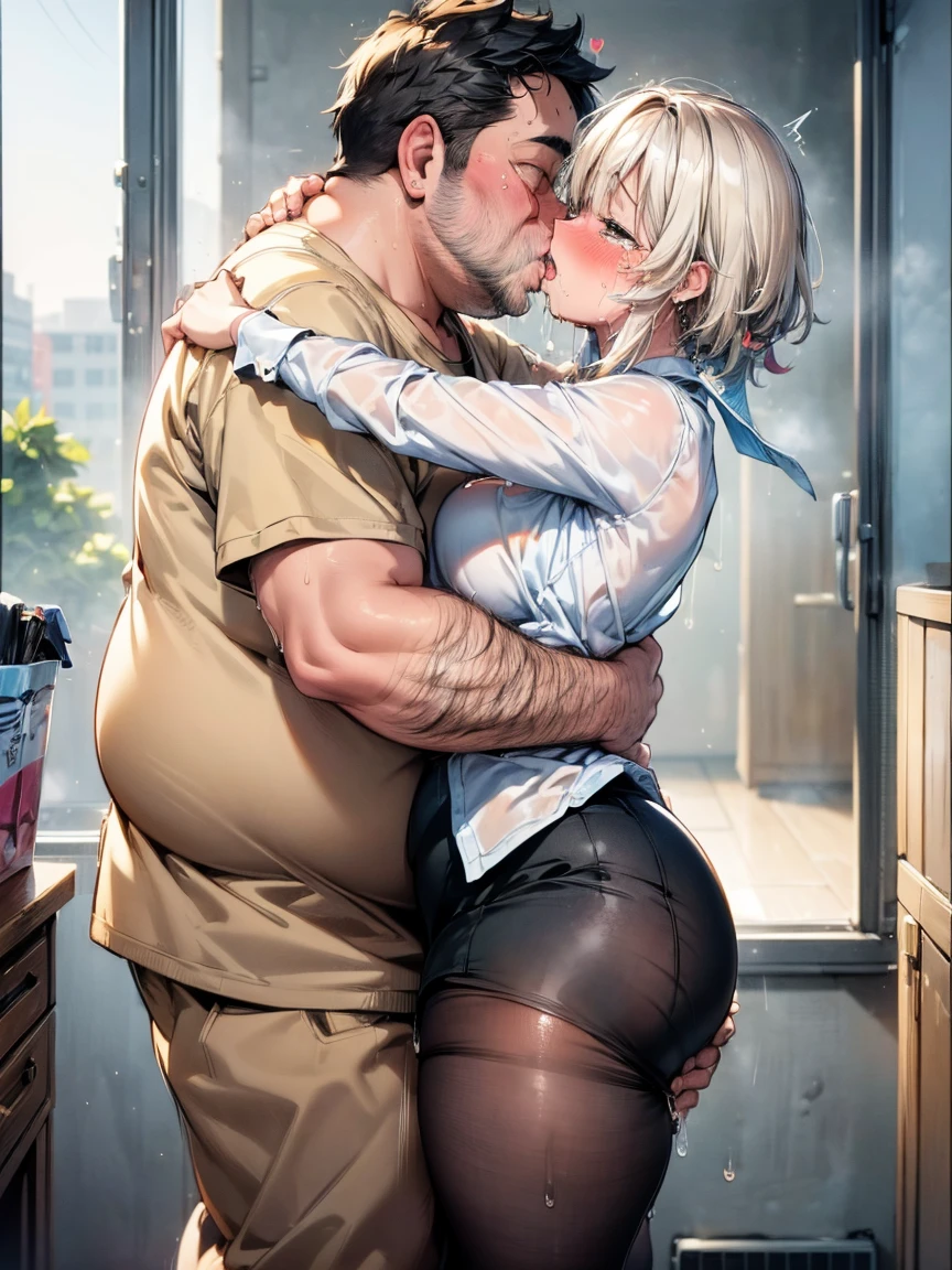 (One Girl, Fat middle-aged man:1.2), 破れたpantyhose, pantyhose, White shirt, Pencil Skirt, blush, (kiss), (hug), office, Very detailed, High resolution, 4K, masterpiece, High resolution、(tears:1.8)、(Clothes are see-through:1.2)、heart