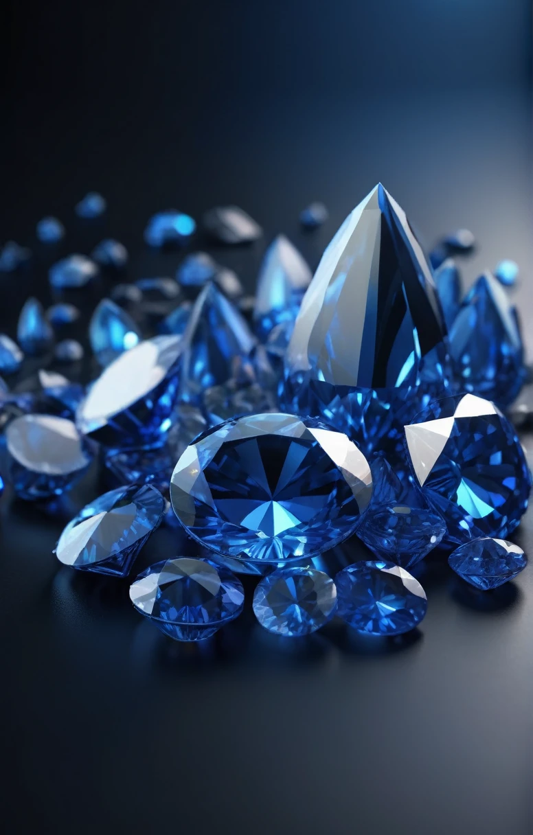sapphires lie in a pile 3D icon on a black background, side view, in blue light