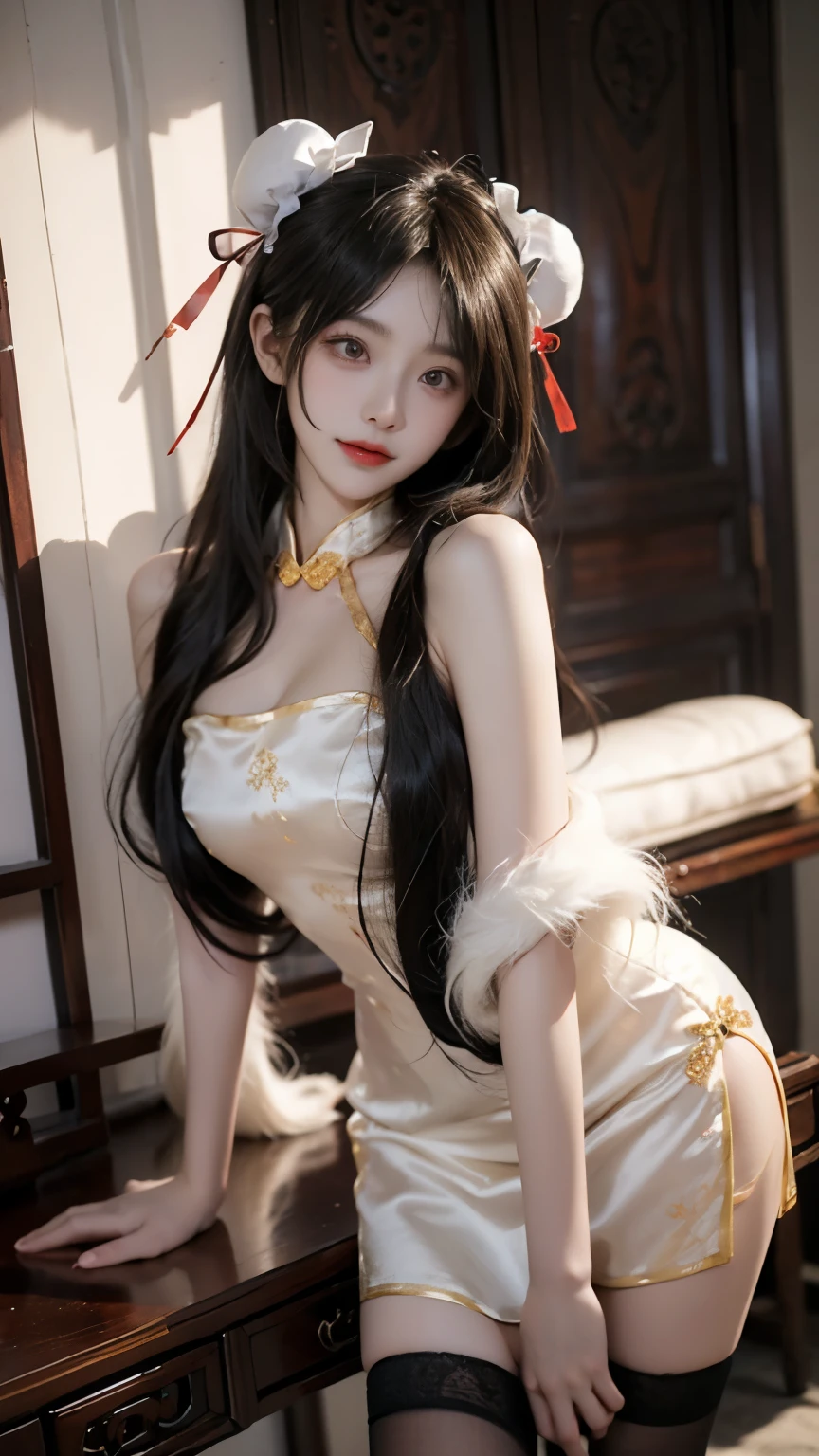 tokisaki kurumi, 1girl, 独奏,cosplay,
bare shoulders, chinese clothes, feather shawl, china dress, fur trim shawl, lace-trimmed thighhighs,
hair over one eye, long hair, double bun, hair bun, bun cover, ((knee shot)), ((Shoot at random angles)), ((Visible cleavage)), ((E-cup)), ((I-type Valley)), ((Warm colors)), Long-range shooting, A beautiful woman，Elegant posture，Standing，Slender figure。Her legs are slender and straight，Cross placement，Forming a perfect diagonal composition。Head gently sideways，Long blond hair falls naturally，Gently brushing her shoulders。Soft colors，In stark contrast to her fair skin。The edge of the skirt ripples gently，As if swaying in the breeze。Her eyes were gentle，There is a faint smile on the lips。The whole picture looks very harmonious and beautiful