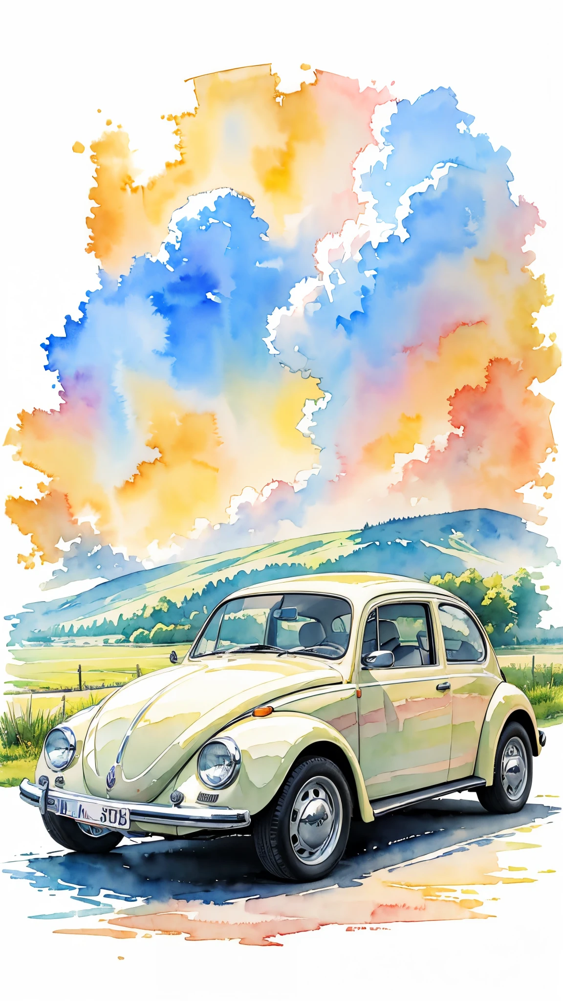 (masterpiece:1.2, Highest quality),(Very detailed),(watercolor),8k,wallpaper,Cream colored Volkswagen Beetle,German landscape