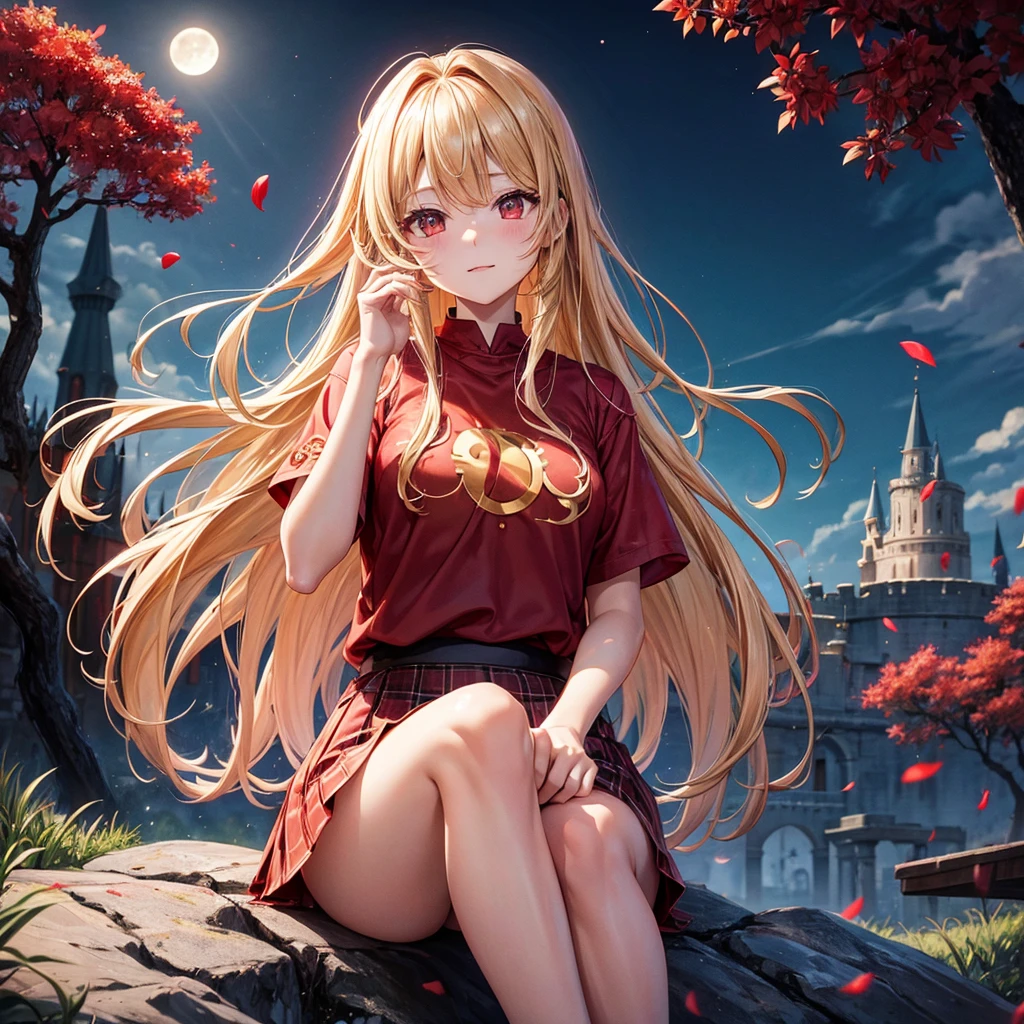Red gold blonde、Red eyes、One cute girl、solo、And soul、Light clothing、Checked mini skirt、petal、Wet hair、Sit on、black t-shirts、large tree、cloud、full moon、monster castle、lanthanum、Hell's Gate、Craft Gatekeeper