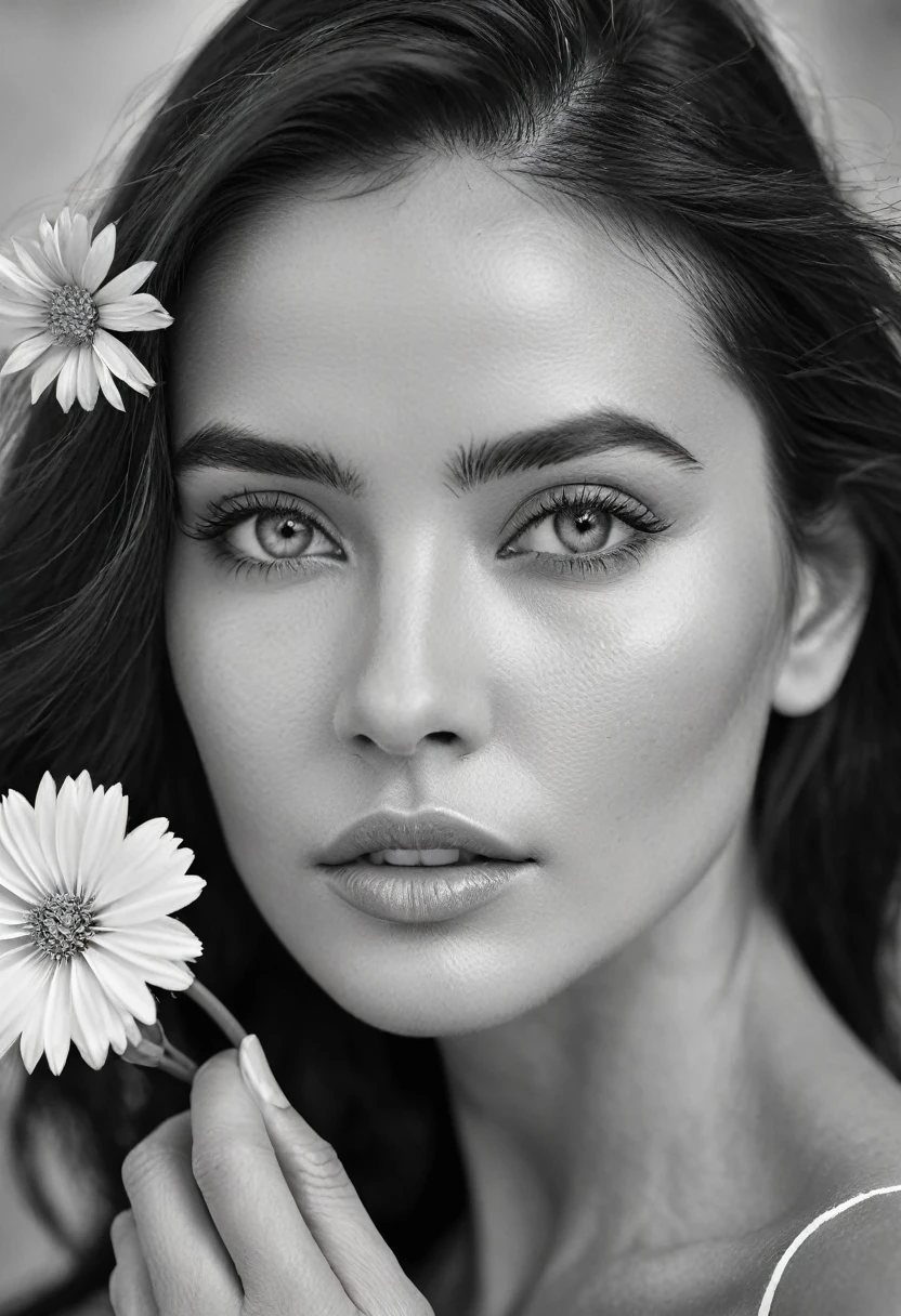 A black and white photo in raw format, zooming in on the intricate details of a woman's face, revealing her delicate skin and her expressive eyes. Frame the shot with a solitary striking flower, delicately held in the woman's hand, adding a touch of softness and femininity to the composition, enhancing the dramatic contrast and textures of the monochrome image.