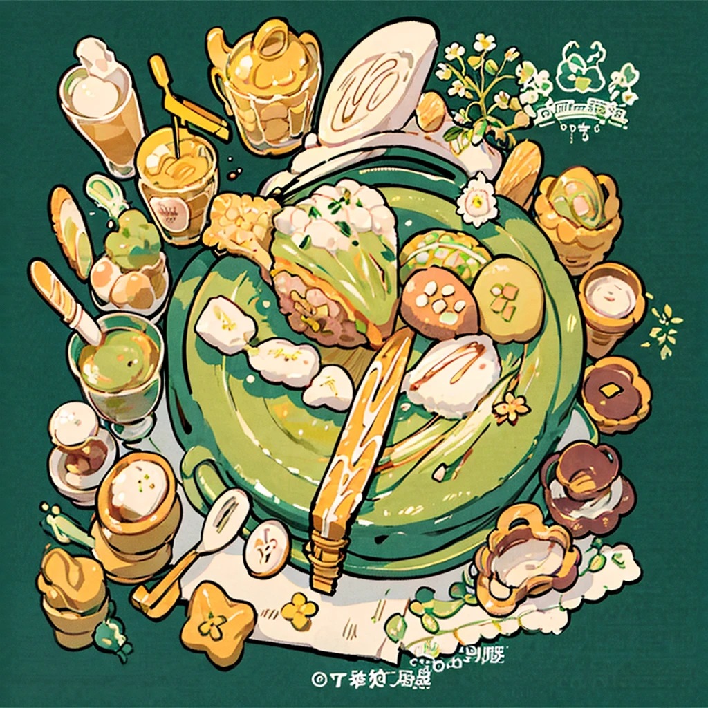 cute artstyle, matcha cake, milky, matcha green bread, bakery shop, theme, bread & cookies, green bread, paper bag filled with lots of bread , food menu list