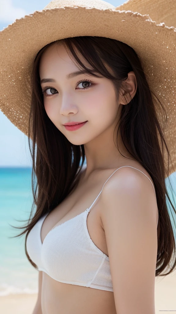 ((​masterpiece、top-quality))、dark eye-shadow makeup around her eyes、Dark mascara、thicc body、Wide waist、top-quality、超A high resolution、model shoot tyle、(the Extremely Detailed CG Unity 8K Wallpapers)、full-shot body photo of the most beautiful artwork in the world、looking at the viewers、18year old、Slender system、swim wears、maikurobikini, Small breasts,、the beach、attractiveness、A smile、kawaii、Realistic lighting、small tits、tiny chest、flat breast、Toned buttocks、buttocks focus、intricate detailes、hightquality、super realistic 8K 、flawless、​masterpiece、 Professional artwork、famousartwork、face perfect、Beautiful expression、beautidful eyes、1girl in、Kpop Idol、 Raw foto, 1girl in, A dark-haired, shinny skin,  full body Esbian,  Myanmar,