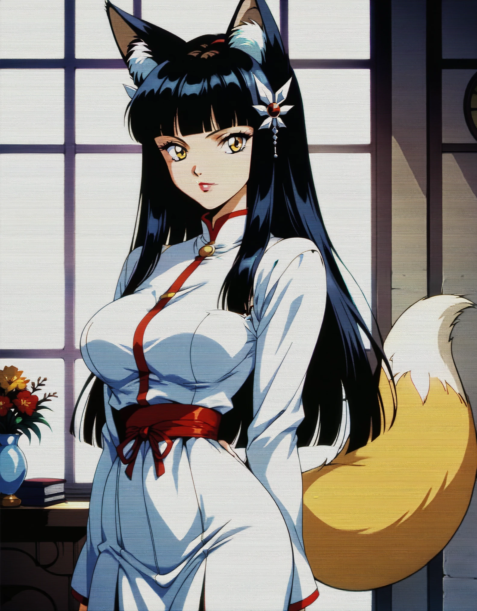 score_9, score_8_up, score_7_up, (2d), source_anime, very aesthetic, anime screencap, (low saturation) BREAK, (adult), 1girl, (Large breasts), cute, eyelashes, firm breasts,yellow eyes, sidelocks, blunt bangs, black hair, long hair, hime cut, hair ornament, tall, human foxgirl, fox tail, fox ears, retro anime, 1990, scanlines