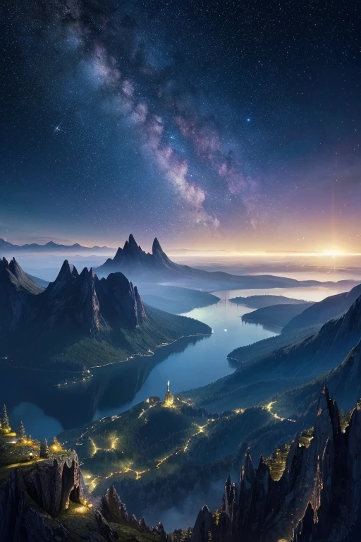 Starry sky with mountains and lake, Jessica Rosier, Inspired by Jessica Rosier, Jessica Rosier Fantasy Art, Concept Art Magic Highlights, Official artwork, Dream Painting, Ethereal Plane, Atmospheric artwork, Dreamy Matte Paintings, Inspired by Ted Nasmith、Calm and infinite stars々, Moonlight and starry sky environment, Epic music album covers.