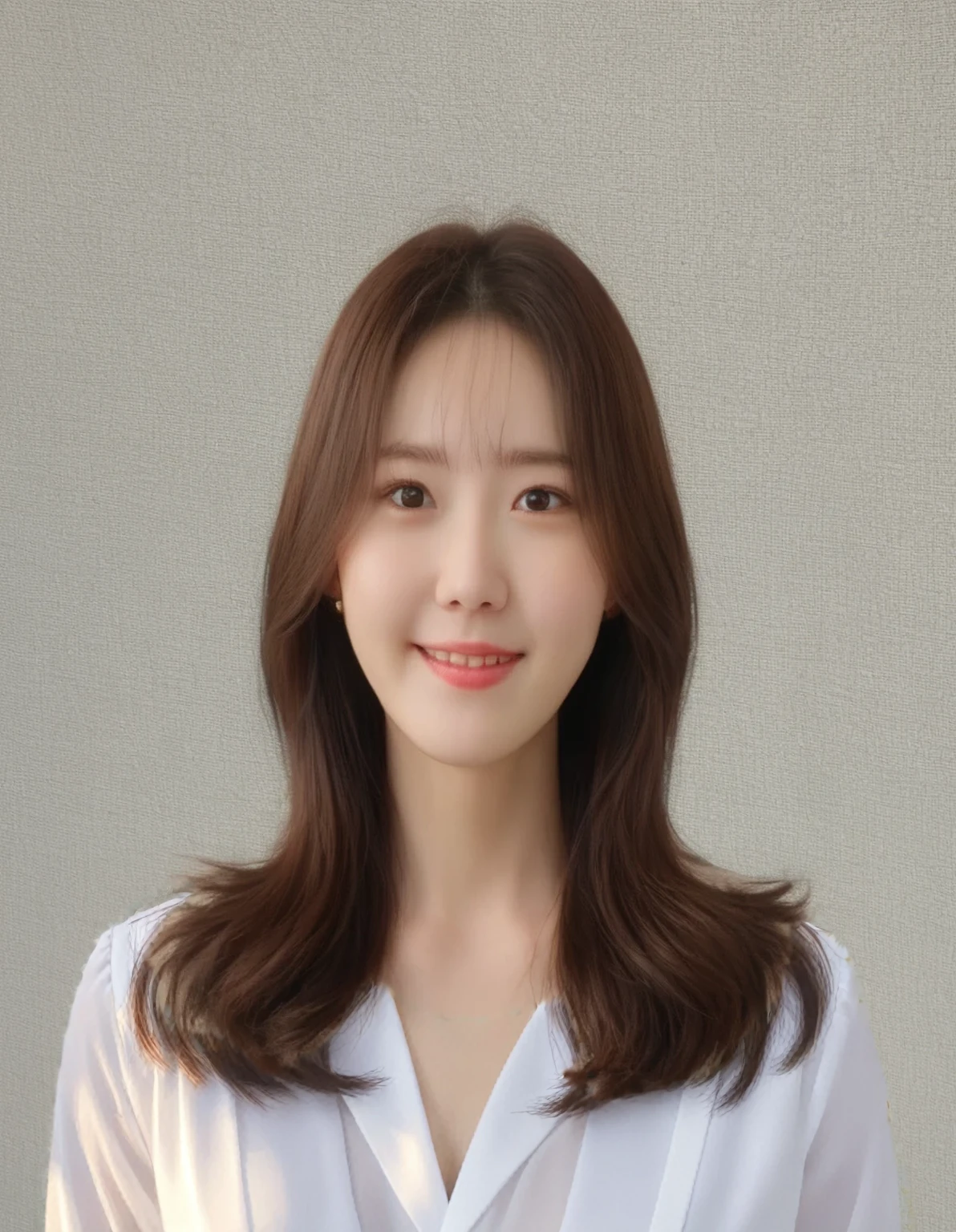 Best Quality, 8k, Masterpiece, (Portrait: 1.3), (photo realistic:1.4), (hyper realistic:1.4), Sharp Focus, looking at viewer, (smoother lighting:1.1), (increase cinematic lighting quality:0.9), realistic lighting, backlighting, light on face, ray trace, (brightening light:1.2), (Increase quality:1.4), sharp detail, (best quality real texture skin:1.4), finely detailed eyes, black_eyes, finely detailed face, 25 year old Korean woman, (white formal_shirt:1.4), (Create an image maintaining the original base model hairstyle:1.5)