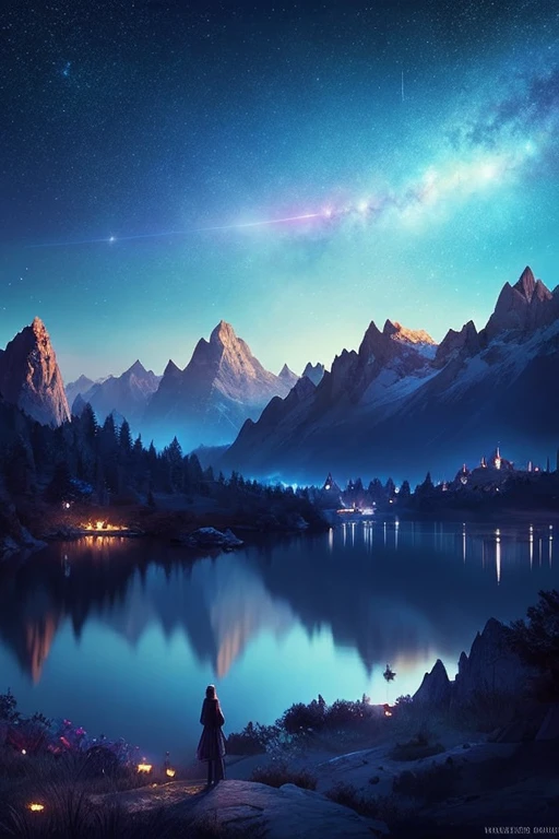 Starry sky with mountains and lake, Jessica Rosier, Inspired by Jessica Rosier, Jessica Rosier Fantasy Art, Concept Art Magic Highlights, Official artwork, Dream Painting, Ethereal Plane, Atmospheric artwork, Dreamy Matte Paintings, Inspired by Ted Nasmith、Calm and infinite stars々, Moonlight and starry sky environment, Epic music album covers.