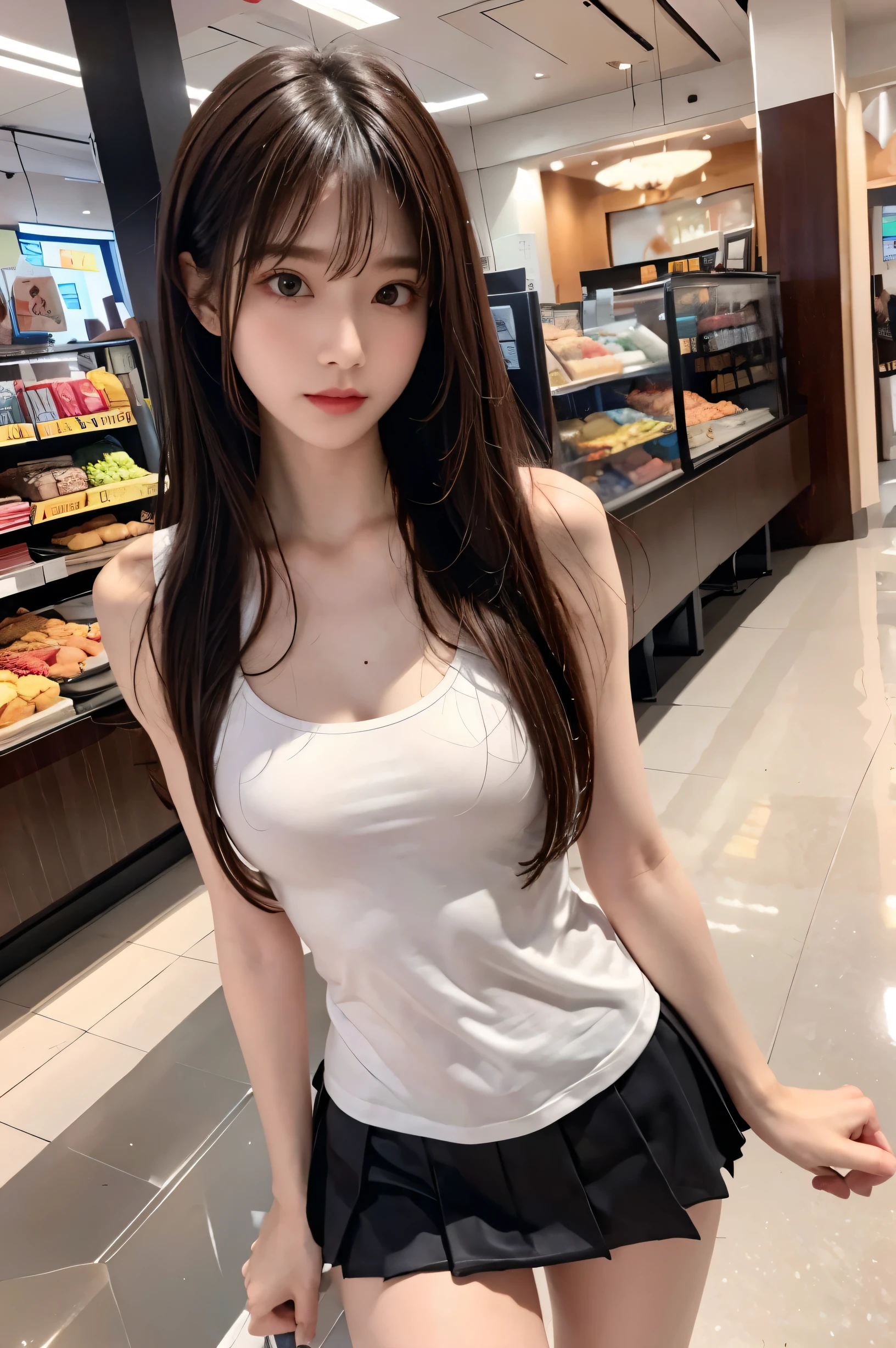 (ultra HD), (White tank top, Black tight mini skirt), Big Breasts, Slender, whole body, (Clean and shiny skin, Whitening, No makeup), (超Slenderな顔立ち, Super beautiful face, Delicate face), (long hair, Layered Cut, Fluffy hair,light brown), (Patchy double eyelids, Slanted Eyes), Small Nose, Thin lips, Thin legs, Shopping mall