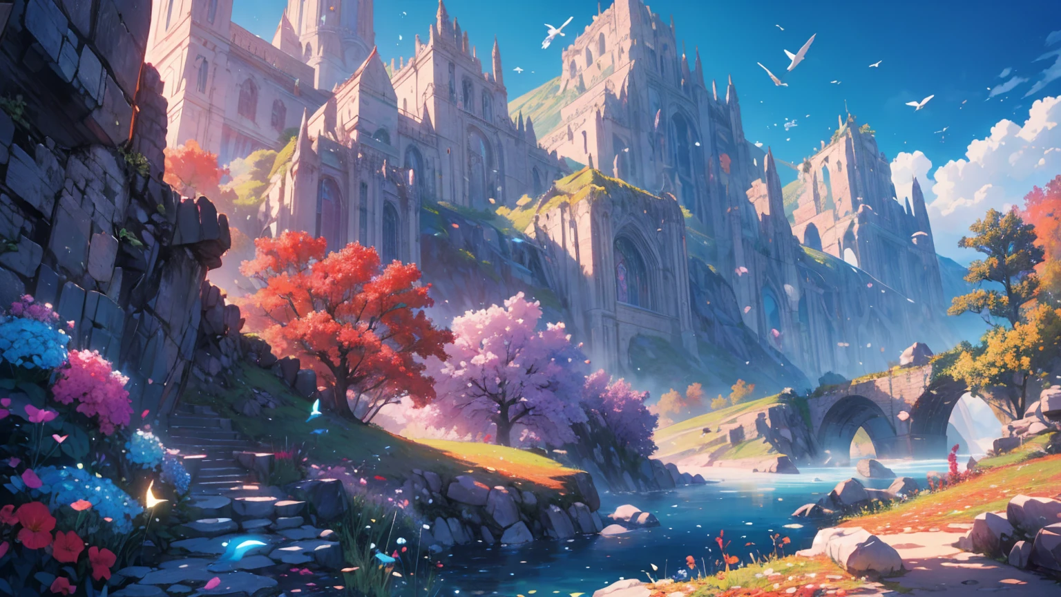 clear blue sky and underneath a large valley mountain with flower colorful color blue red green purple yellow and fantasy world medieval mega-building, rocks, tree branches, fallen leaves, birds, The scene is depicted in a highly saturated and vibrant style, intense and rich colors vivid, rendered with strong exaggerated colors, The sky above is clear blue sky, The atmosphere is full of magical color films, High Detail.