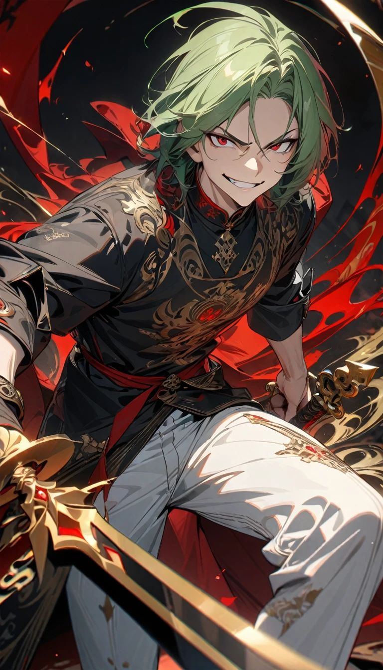Adult man, long darl green hair, red eyes, black Chinese lord shirt, white pants, red elements, golden elements, black sword, smirk, Masterpiece, best quality, Full HD, 8k, ultra details, great graphic