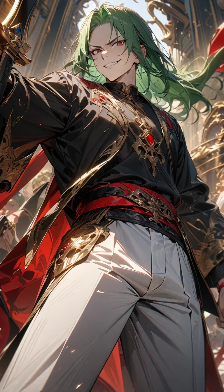 Adult man, long darl green hair, red eyes, black Chinese lord shirt, white pants, red elements, golden elements, black sword, smirk, Masterpiece, best quality, Full HD, 8k, ultra details, great graphic